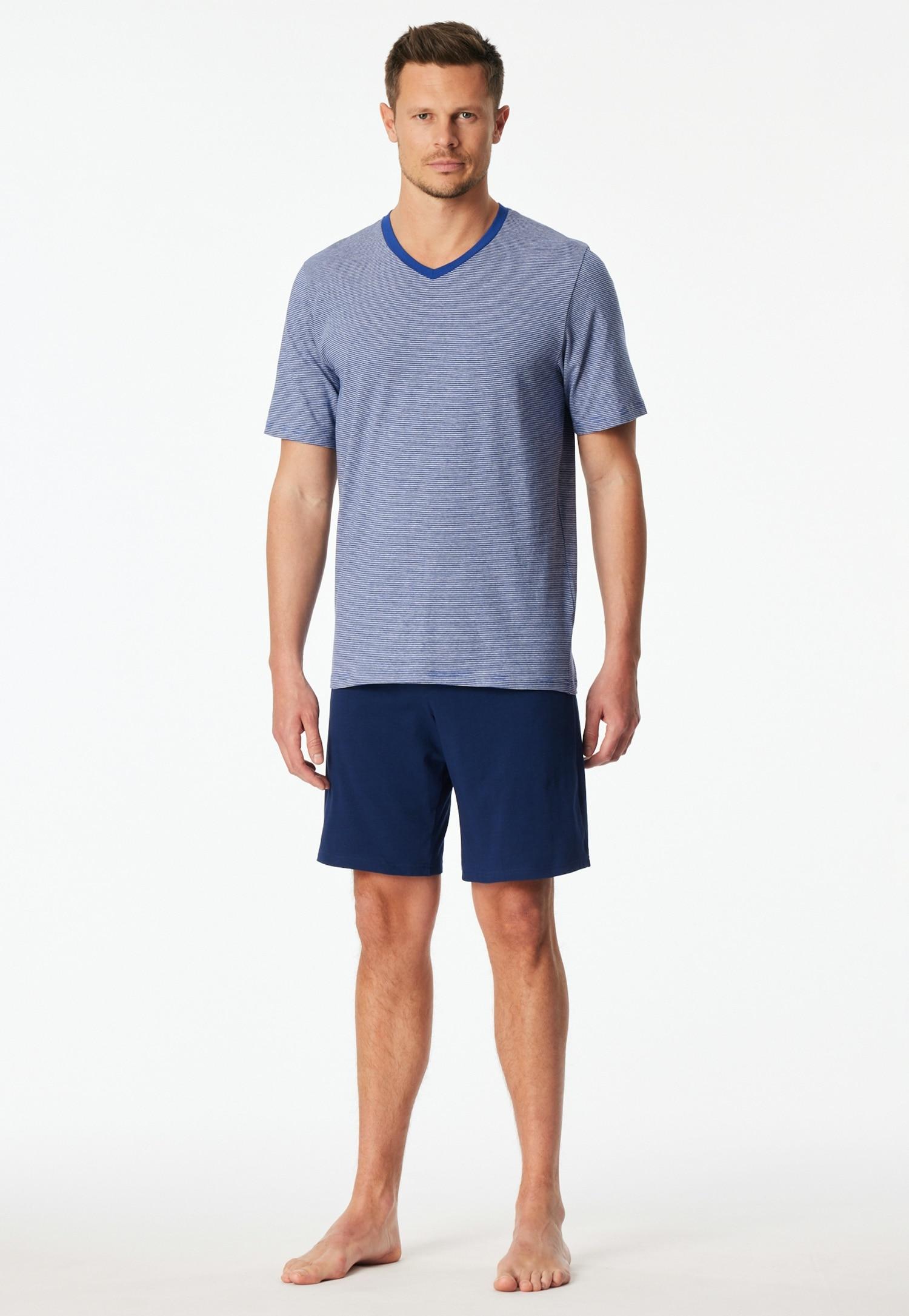 Shorty Schiesser "95/5 Nightwear", Herren, Gr. 56, 819, Blau, Single Jersey, Obermaterial: 95% Baumwolle, 5% Elasthan, Bequem Kurz, V-Ausschnitt, Homewear-Sets Shorty, Mit V-Ausschnitt, Kurzarm, In Weicher Single-Jersey QualitäT