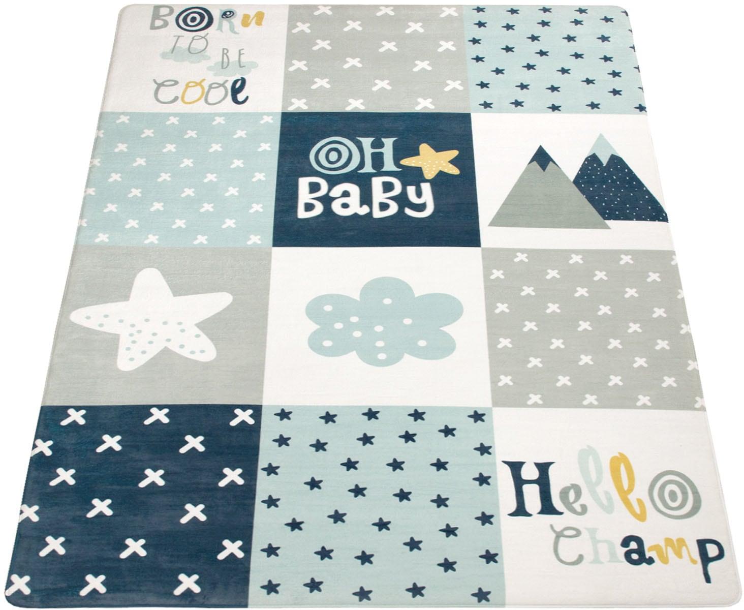 Kinderteppich PACO HOME "Chicos 554", blau, B:120cm H:2mm L:160cm, Polyester, Teppiche, Kinderteppich, Flachgewebe, mit Schriftzug & Regenbogen oder Sternen, Pastell-Farben