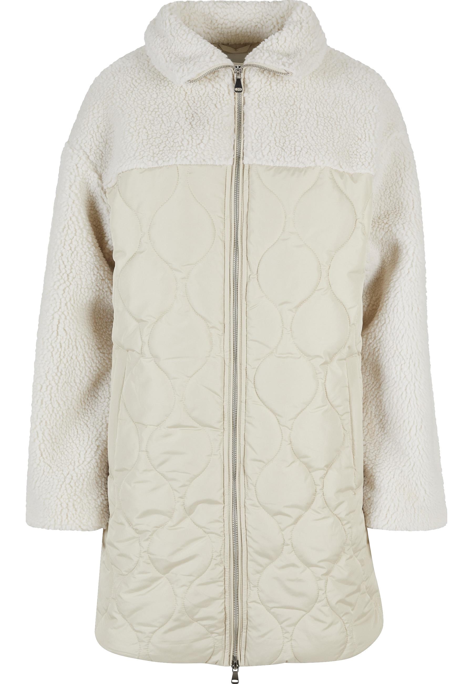 Winterjacke Urban Classics "Urban Classics Damen Ladies Oversized Sherpa Quilted Coat", Damen, Gr. S, Softseagrass, Sandweiß, 100% Polyester, Unifarben, Oversize, Amerikanischer Ausschnitt, Jacken Winterjacke