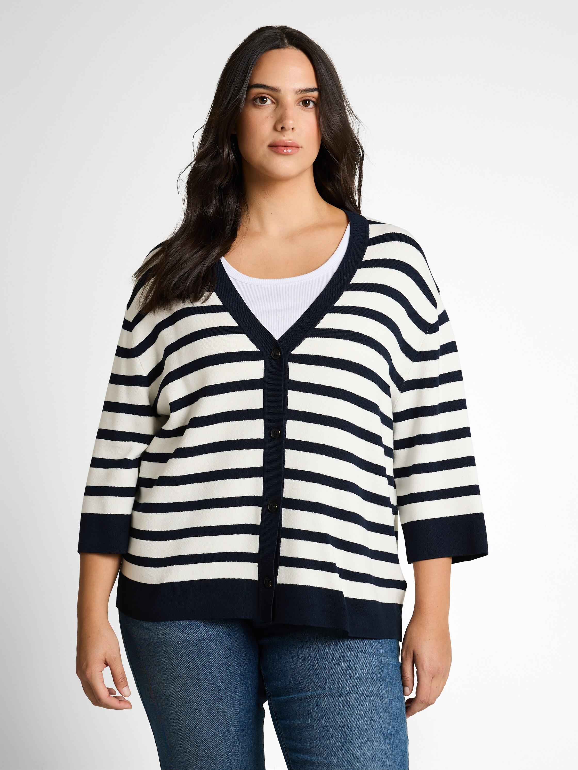 Cardigan Tom Tailor Plus, Damen, Gr. 54, Schwarz-Weiß (Weiß Sky Blau Knit Stripe), Strick, Obermaterial: 85% Viskose, 15% Polyamid, Gestreift, Loose Fit Normal, V-Ausschnitt, RippbüNdchen, Strickjacken, Mit Streifen Muster