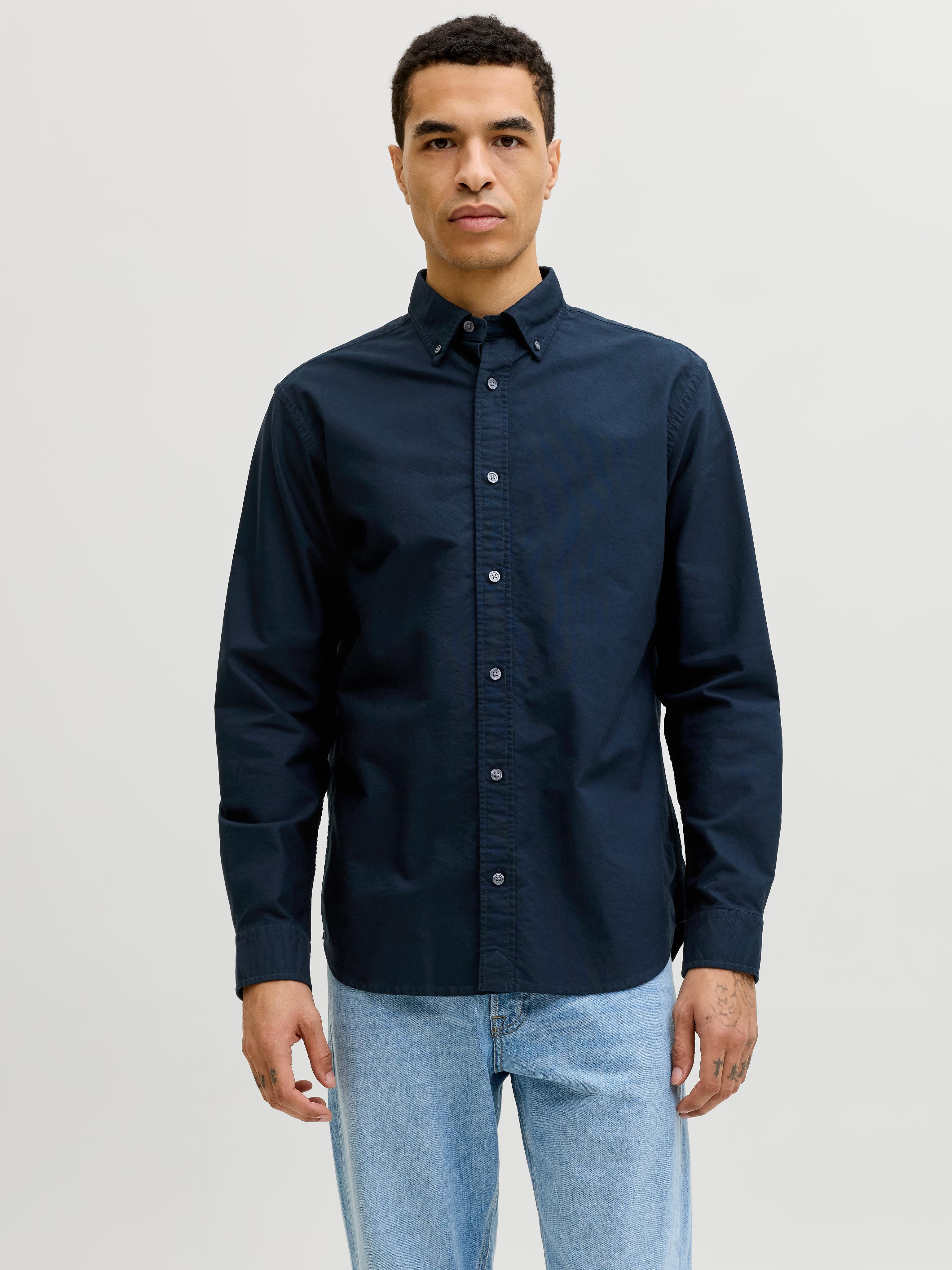 Langarmhemd Jack & Jones "Jprbluharvey Oxford L/S Shirt Sn", Herren, Gr. M, N-Gr, Blau (Sky Captain Fit:Regular Fit), Web, Obermaterial: 100% Baumwolle, Unifarben, Regular Fit Normal, Ohne Ausschnitt, 2-Knopf-Manschette, Hemden, Baumwolle, Regular Fit