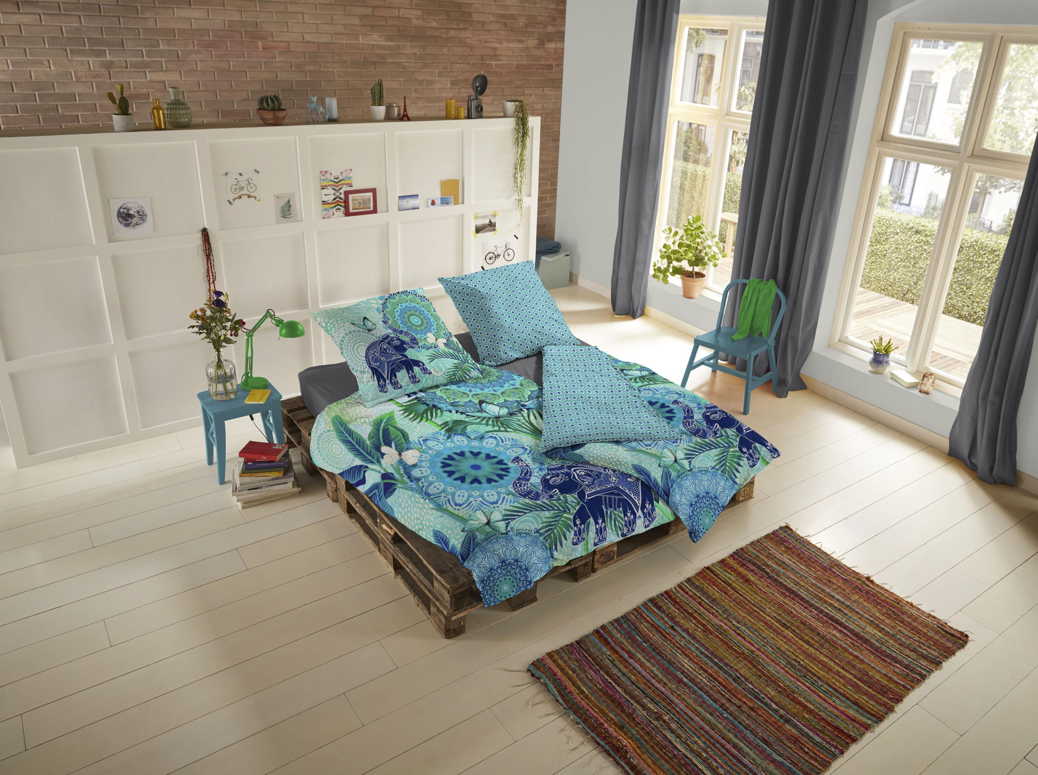 WendebettwäSche Hip "Isara", Bunt (Multi, Blau), B/L: 155Cm X 220Cm, 1 Stk., 1 Stk., Satin, B/L: 80Cm X 80Cm, 2 Stk., Satin, Obermaterial: 100% Baumwolle, BettwäSche, WendebettwäSche, Mako-Satin, 135X200, ReißVerschluss, Wendeoptik, Mandala, Elefant Blau