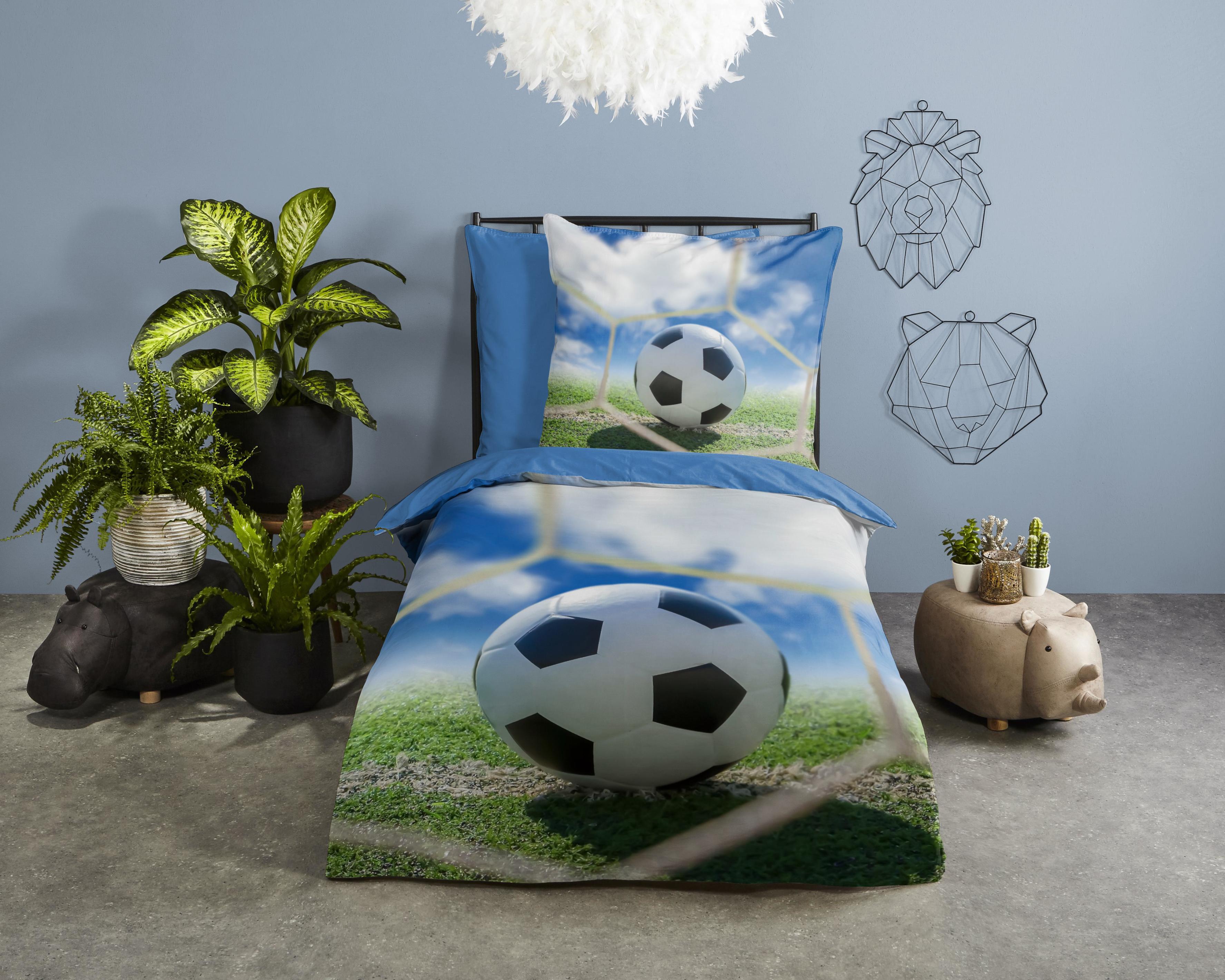 KinderbettwäSche Good Morning "Maurits", Blau, B/L: 135Cm X 200Cm, 1 Stk., 1 Stk., Renforcé, B/L: 80Cm X 80Cm, 2 Stk., Renforcé, Obermaterial: 100% Baumwolle, BettwäSche, Baumwolle, Renforcé, Wendeoptik, Kind, Junge, FußBall, Blau