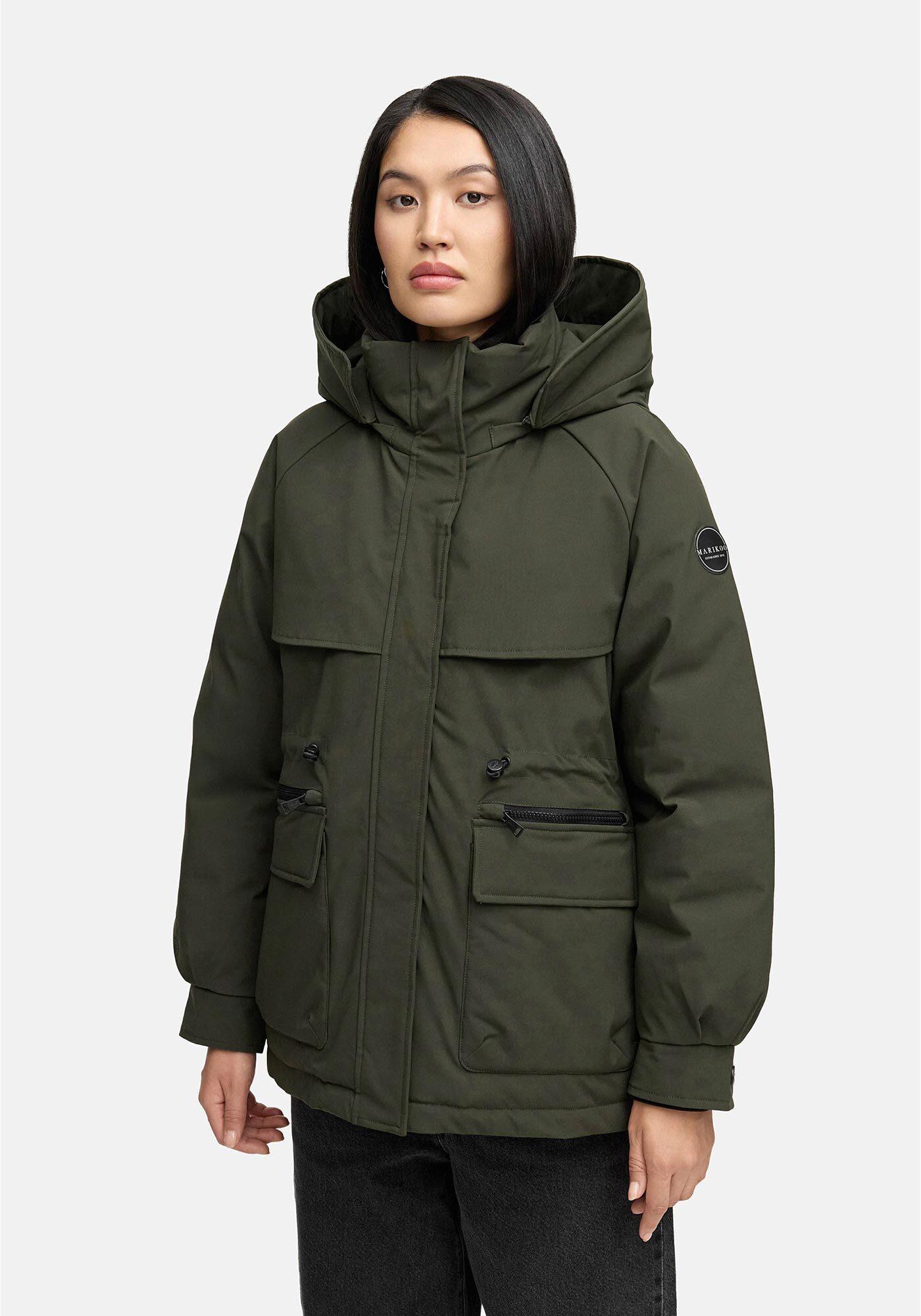 Winterjacke Marikoo "Shigaraa", Damen, Gr. Xl, Schwarz Olive, Obermaterial: 100% Polyester. Futter: 100% Polyester. Wattierung: 100% Polyester. ÄRmelfutter: 100% Polyester, Jacken Winterjacke, Mit Abnehmbarer Kapuze Und Gummizug An Der Taille