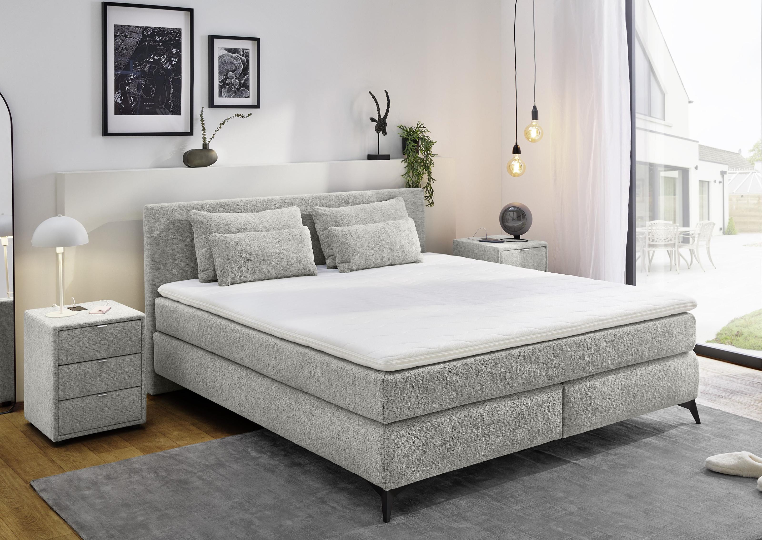 Boxspringbett JOCKENHÖFER GRUPPE "Paulina, inkl. Topper und Kissen, Härtegrade wählbar", grau (grau 417, 19), B:184cm L:209cm, Bezug Bett: Chenille (100% Polyester);Topper und Matratzenspiegel: 100% Polyester, Komplettbetten, Boxspringbett, 140x200 cm oder 180x200cm