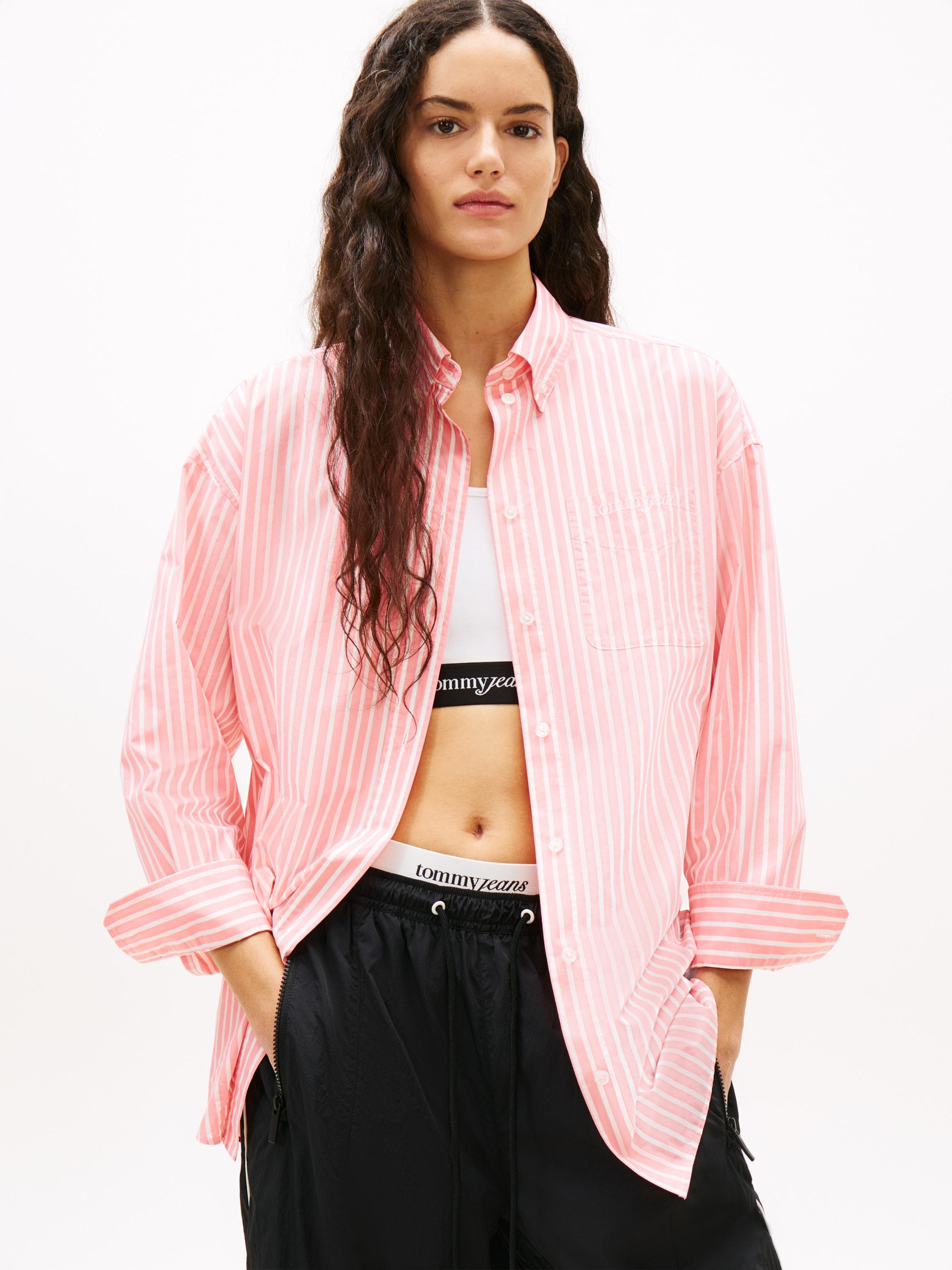 Langarmbluse TOMMY JEANS "TJW OVS POPLIN SHIRT", Damen, Gr. M (38), tropical blush, stripe, Web, Obermaterial: 65% Baumwolle, 35% Nylon, gestreift, regular fit normal, Manschette, Blusen Langarmbluse, mit modischen Streifen