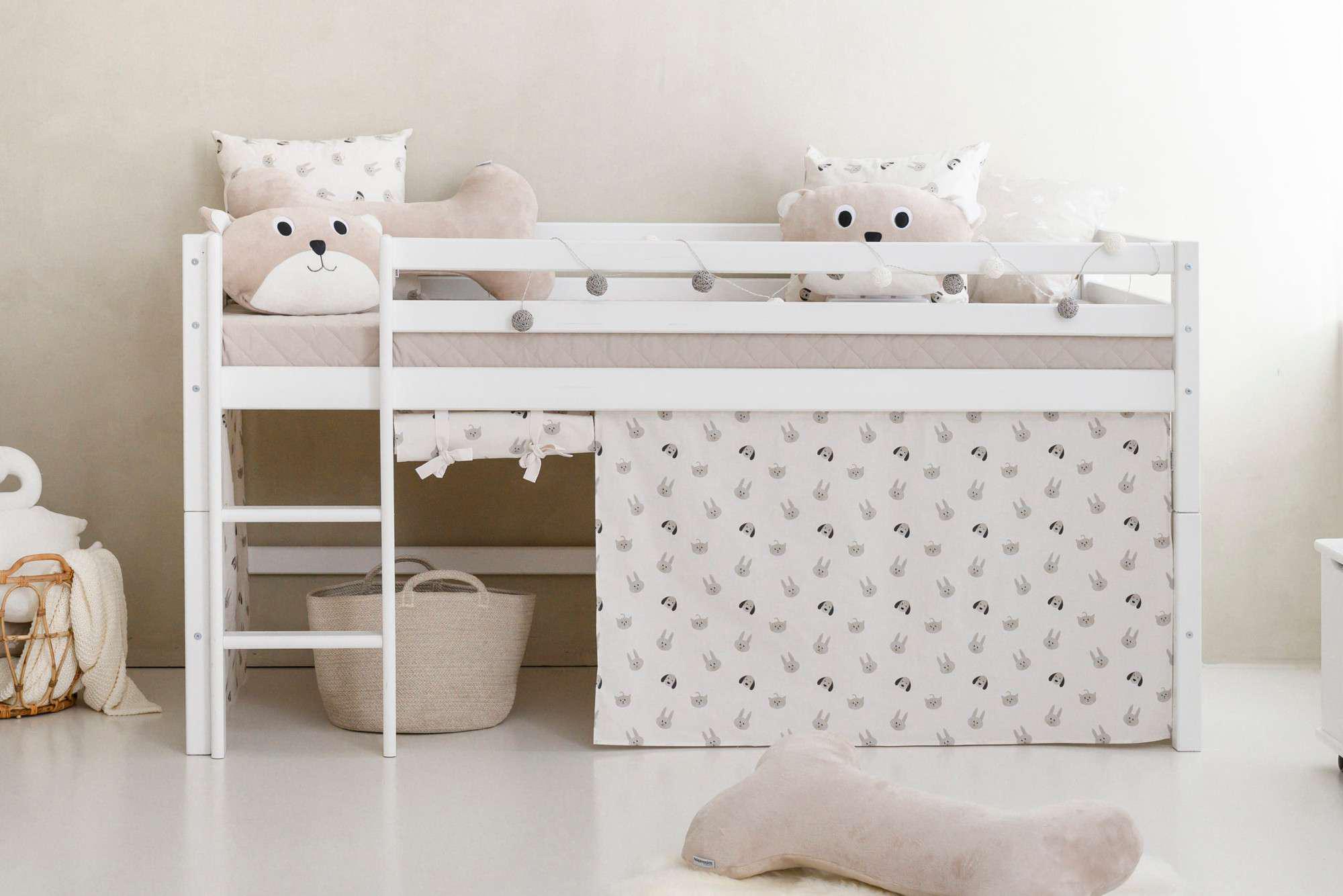 Hochbett HOPPEKIDS "ECO Dream, Kinderbett, Spielbett, Halbhohes Bett aus Massivholz", beige (weiß, pets natur), B:101cm H:105cm L:208cm, Kinderbett: 100% Massivholz: Nordische Kiefer, Vorhang: 100% Baumwolle, Matratzenbezug: 77% Polyester, 23% Bambusfasern, Matratze: Waterlily Matratzenkern, Hochbetten, Hochbett, inkl. Vorhang-Set Creator, Bettgröße & Matratze wählbar