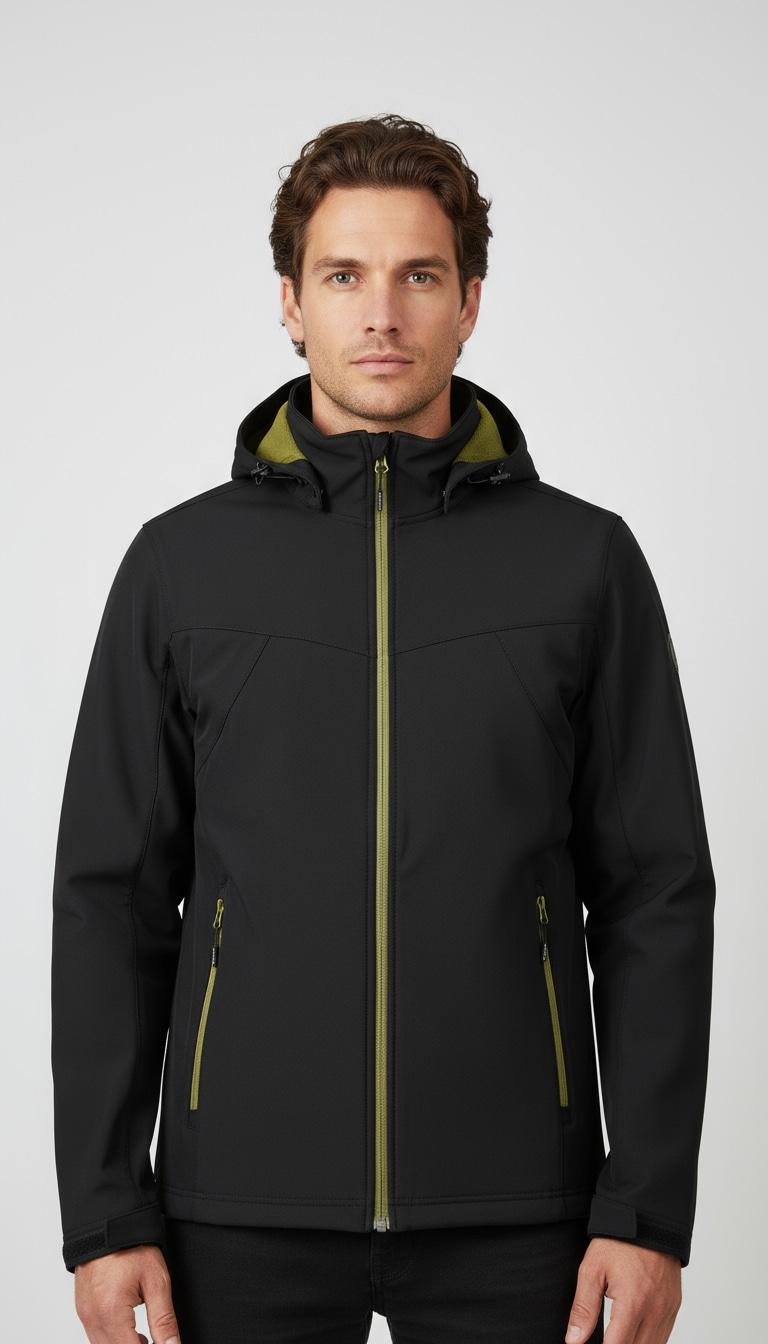 Softshelljacke ICEPEAK "BRIMFIELD", Herren, Gr. 54, schwarz, Softshell, Obermaterial: 95% Polyester, 5% Elasthan, normal, hoch geschlossener Ausschnitt, mit verstellbarem Klettverschluss, Jacken Softshelljacke, für sportliche Aktivitäten, winddicht, wasserabweisend