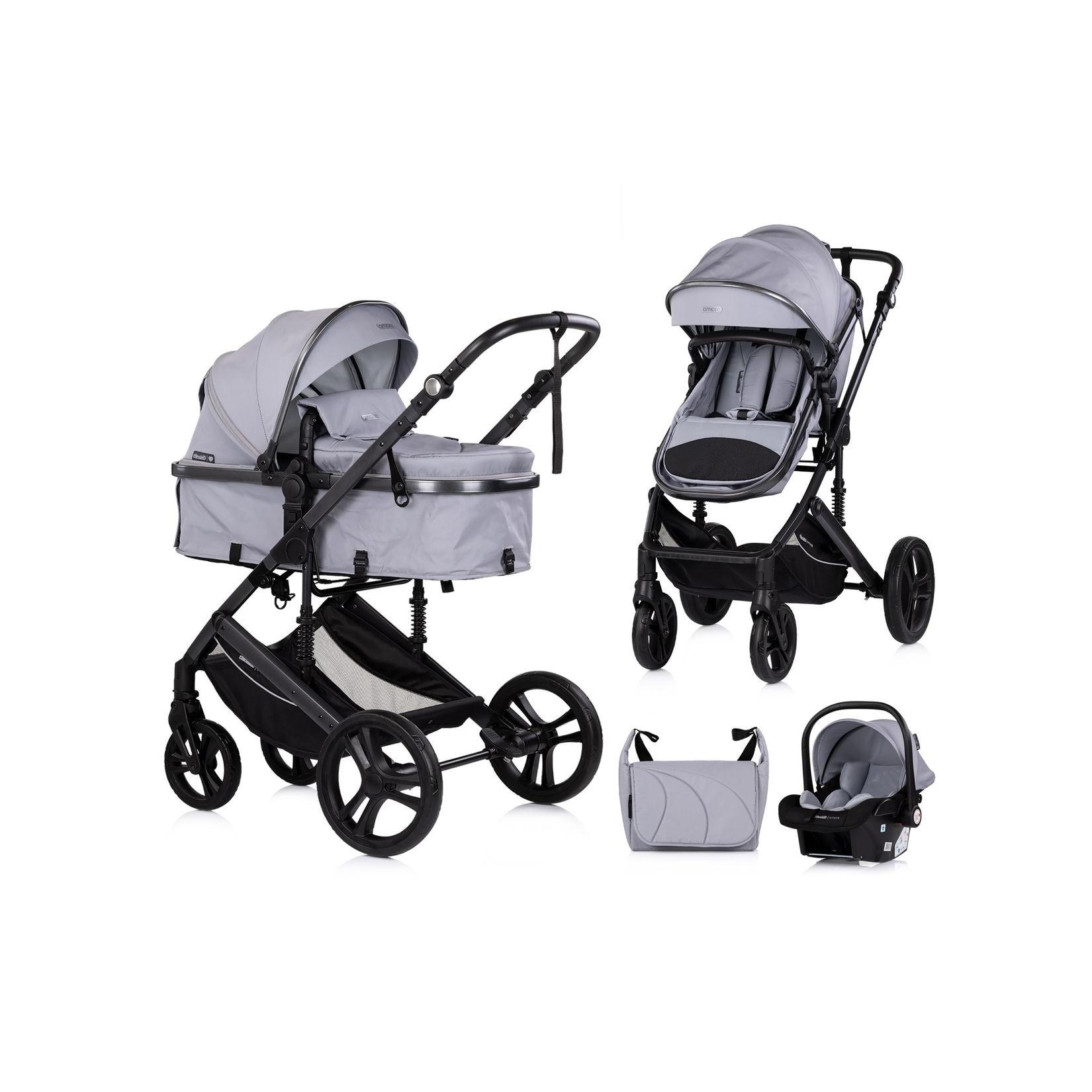 Chipolino Kinderwagen 3 in 1 Amore Babyschale Adapter Wickeltasche Fußabdeckung hellgrau