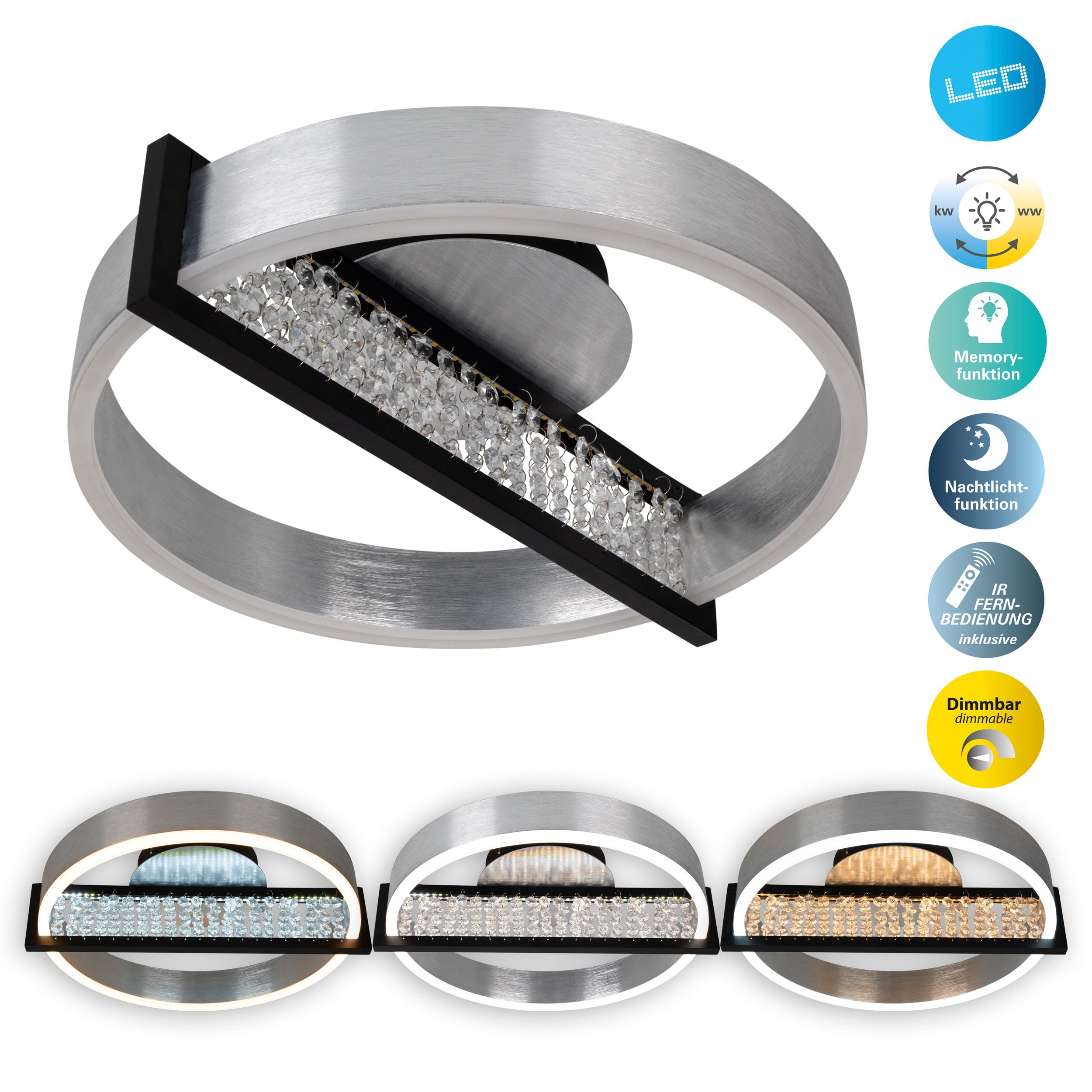 NÄVE LED Deckenleuchte "Yvaris", silber, 1, Ø 50cm H: 13,7cm, 1 Stk., Leuchten, dimmbar per Fernbedienung, Memory, Nachtlicht, CCT, Kristallelemente, LED Deckenleuchte