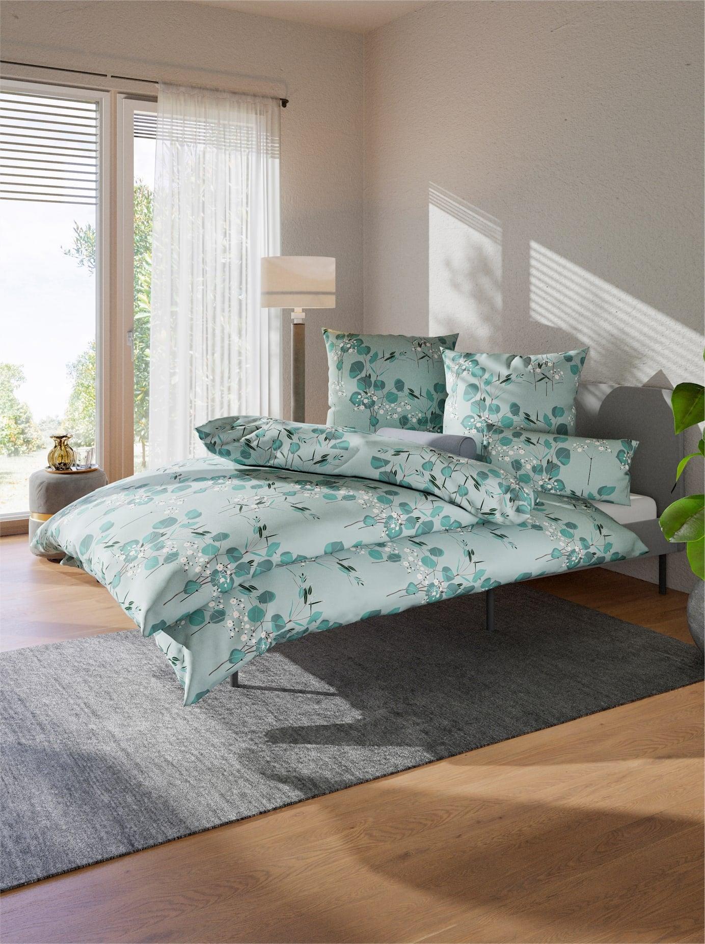 Bettwäsche WÄSCHEPUR Gr. 1, kalkmint, salbei, bedruckt, B/L: 135cm x 200cm, Renforcé, B/L: 80cm x 80cm, 2 tlg., Renforcé, 100% Baumwolle, Bettwäsche, Bettwäsche