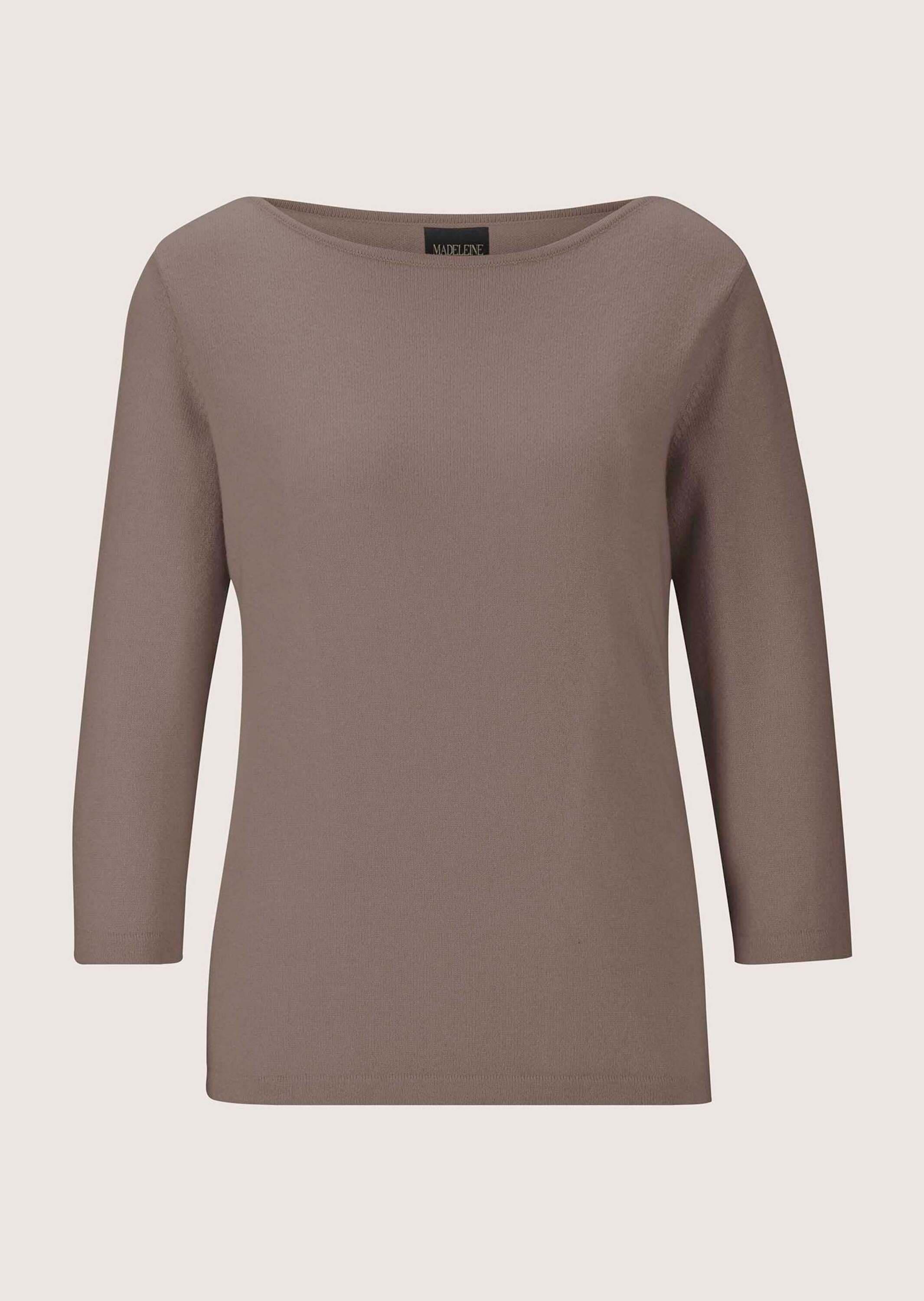 Longpullover MADELEINE "Strickpullover Kaschmirpullover mit U-Boot-Ausschnitt", Damen, Gr. 36/38, beige (dunkeltaupe, melange), Obermaterial: 100% Kaschmir WS., Modern, normal, U-Boot-Ausschnitt, Pullover Longpullover, Kaschmirpullover mit 3/4 Arm