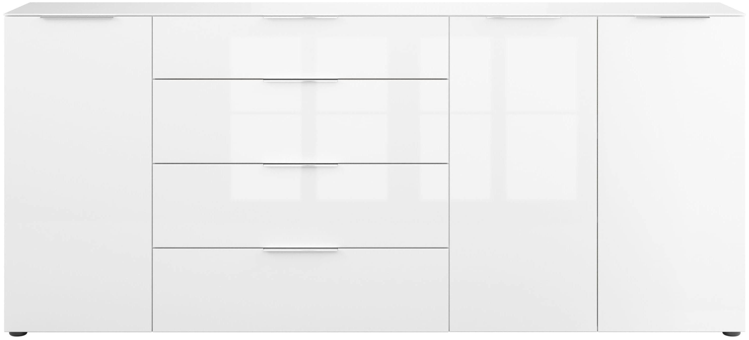 Sideboard MANJANA MÖBEL "Style", weiß matt, weißglas, metall chrom, B:225cm H:98,7cm T:40cm, Glas, Holzwerkstoff, Metall, Sicherheitsglas ESG, Sideboards, Sideboard, mit Glasfronten, mit Metallgriffen, melaminbeschichtet