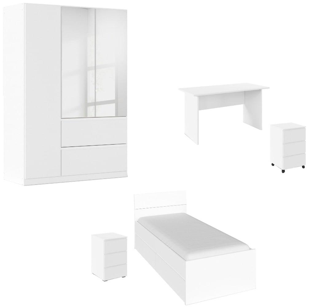 Jugendzimmer-Set RAUCH "Komplettzimmer Schlafzimmer-Set (5-St.) Jugendzimmer-Set JOEL", alpinweiß, BASIC + ohne Matratze, B/H: 140cm x 200cm, BASIC, Holzwerkstoff, Schlafzimmermöbel-Sets, Jugendzimmer-Set, Bett 2 Breiten,Nachttisch,Tisch,Rollcontainer,Schrank MADE IN GERMANY