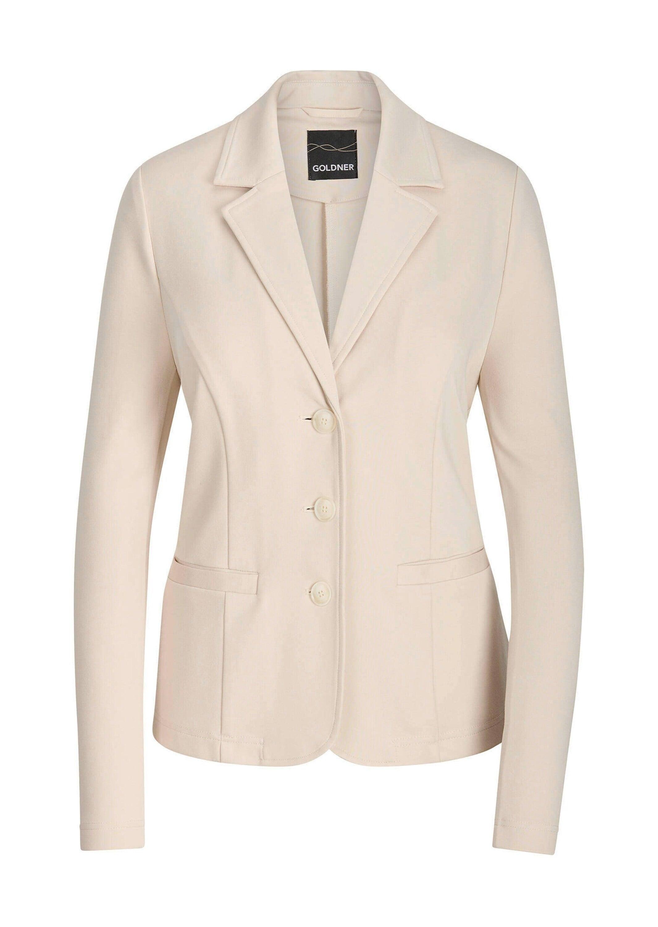 Jackenblazer GOLDNER "Viskoseblazer mit Reverskragen", Damen, Gr. 52, beige (stein), Obermaterial: 67% Viskose CV. 27% Polyester PES. 6% Elasthan EL., Blazer Jackenblazer, stretchbequeme Jerseyqualität