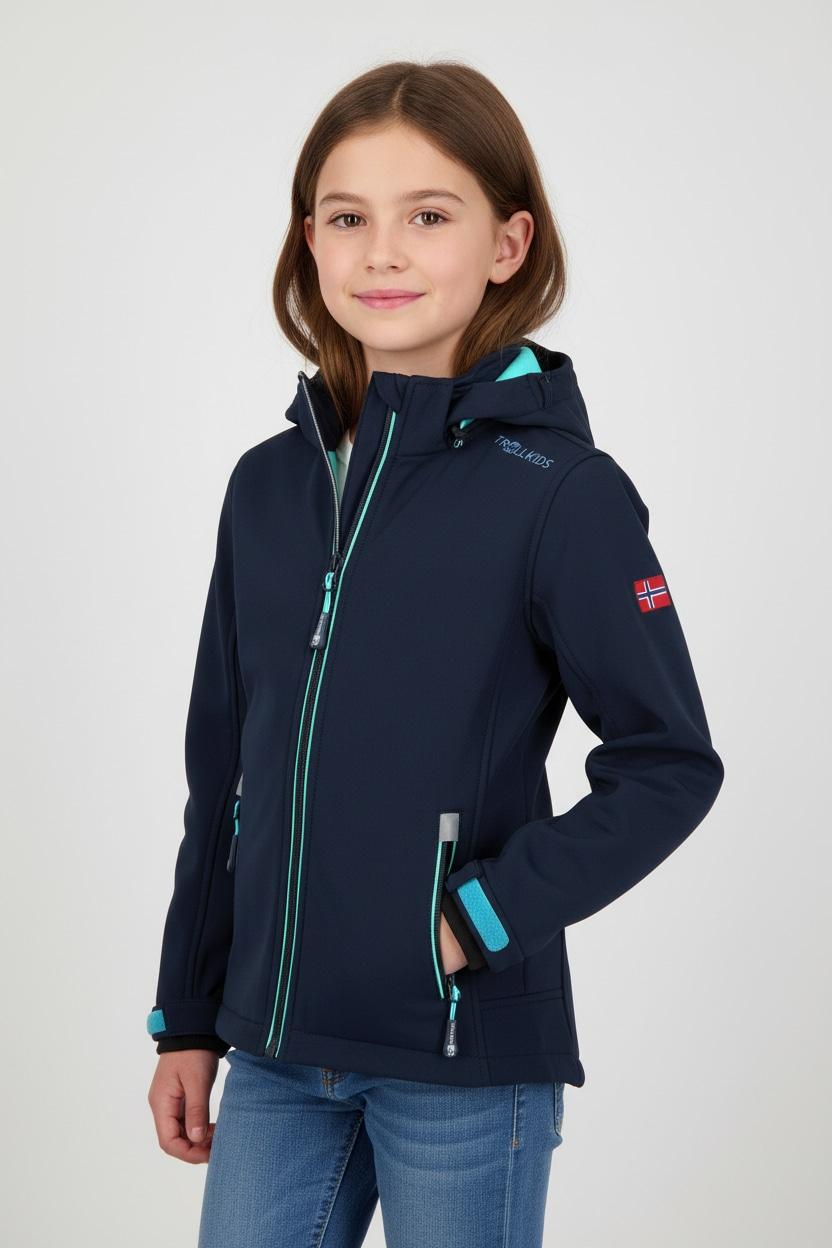 Softshelljacke TROLLKIDS "GIRLS TROLLFJORD JACKET", Mädchen, Gr. 98, blau (navy, mint), Softshell, Obermaterial: 94% Polyester, 6% Elasthan, normal, Jacken Softshelljacke, für Kinder und Jugendliche, sportlicher Stil, winddicht, Topseller