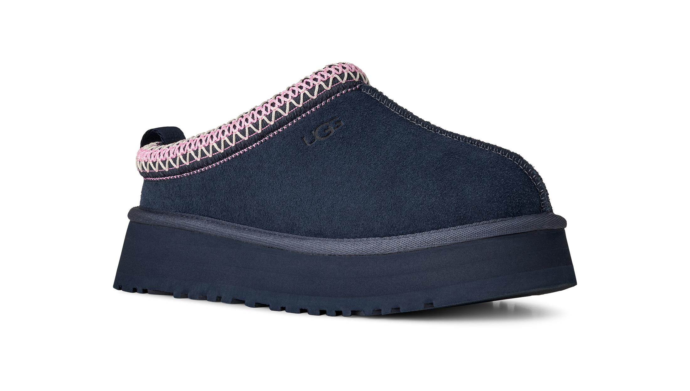 Hausschuh UGG "TAZZ", Damen, Gr. 6 (37), dunkelblau, Textil, Veloursleder, ethno, Schuhe Hausschuh, Clogs, Homeslippers, Pantoffel mit Textilband im Boho-Look