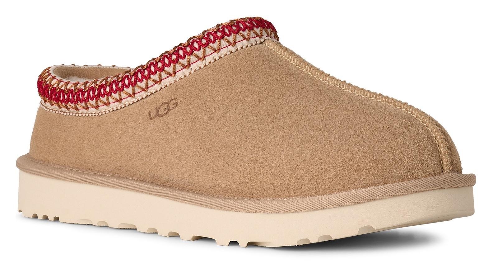 Hausschuh UGG "Unisex TASMAN II", Damen, Gr. 9 (40), sand, Textil, Veloursleder, ethno, Schuhe Hausschuh, Homeslipper, Schlupfschuh, Clog mit Textilband verziert