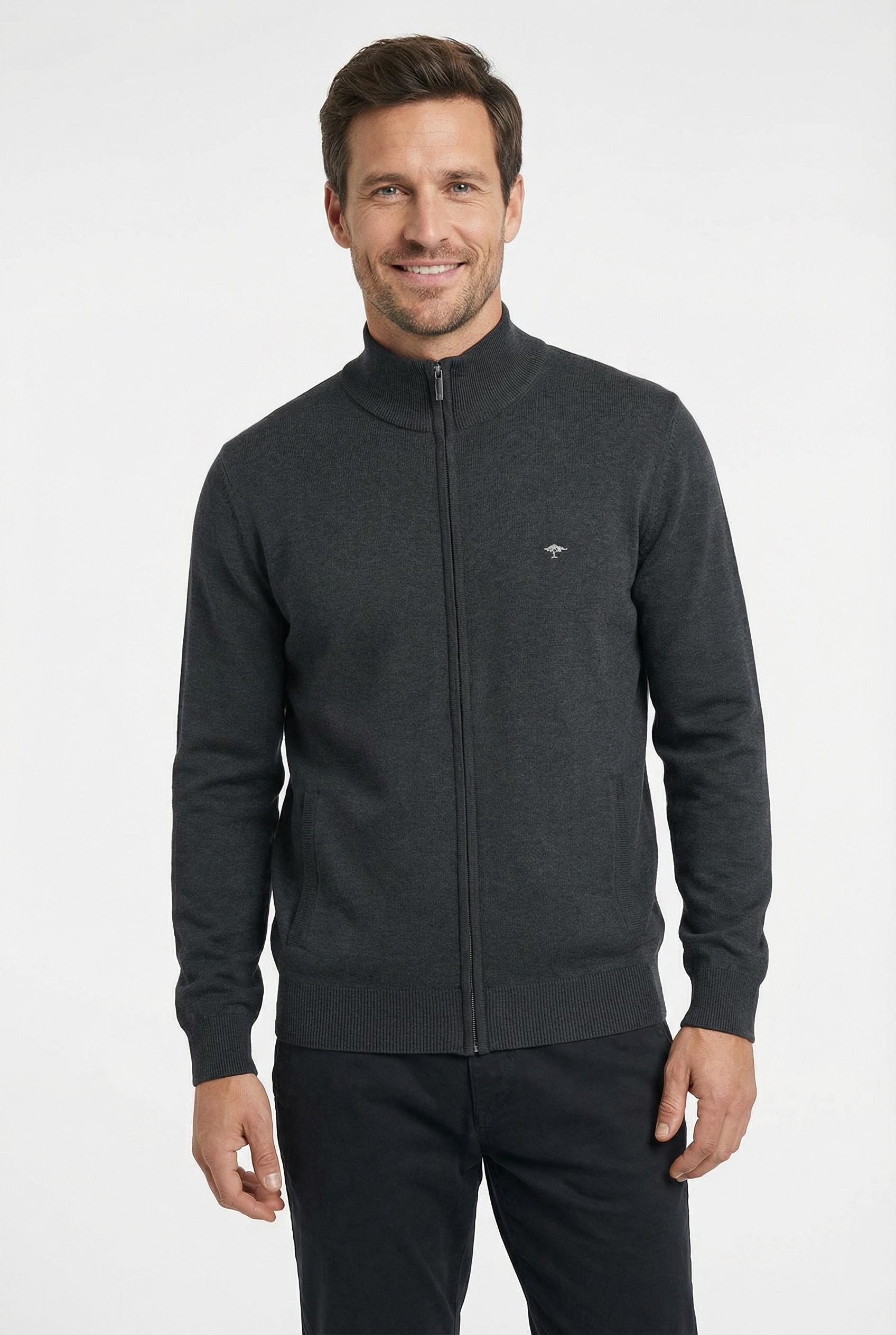Strickjacke FYNCH-HATTON, Herren, Gr. Xxxl (60/62), Grau (Dunkelgrau), Strick, Obermaterial: 100% Baumwolle, Unifarben, Bequem HüFtbedeckend, Rundhals, Eingesetzt BüNdchen, Strickjacken Strickjacke, Bequeme Passform, Mit Stehkragen, Mit Eingrifftaschen