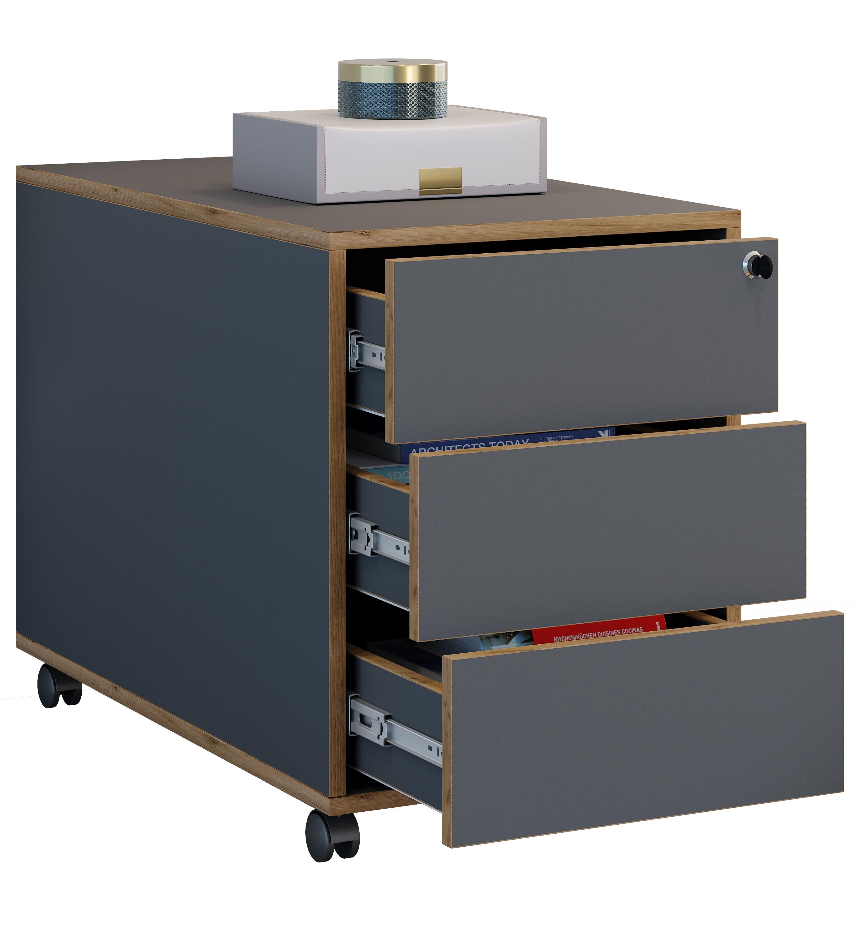 Container VCM "Holz Rollcontainer Bürocontainer Salia 3 Schublade", schwarz (anthrazit), B:42cm T:70cm, Obermaterial: 100% Holz Wood., Schränke, Container