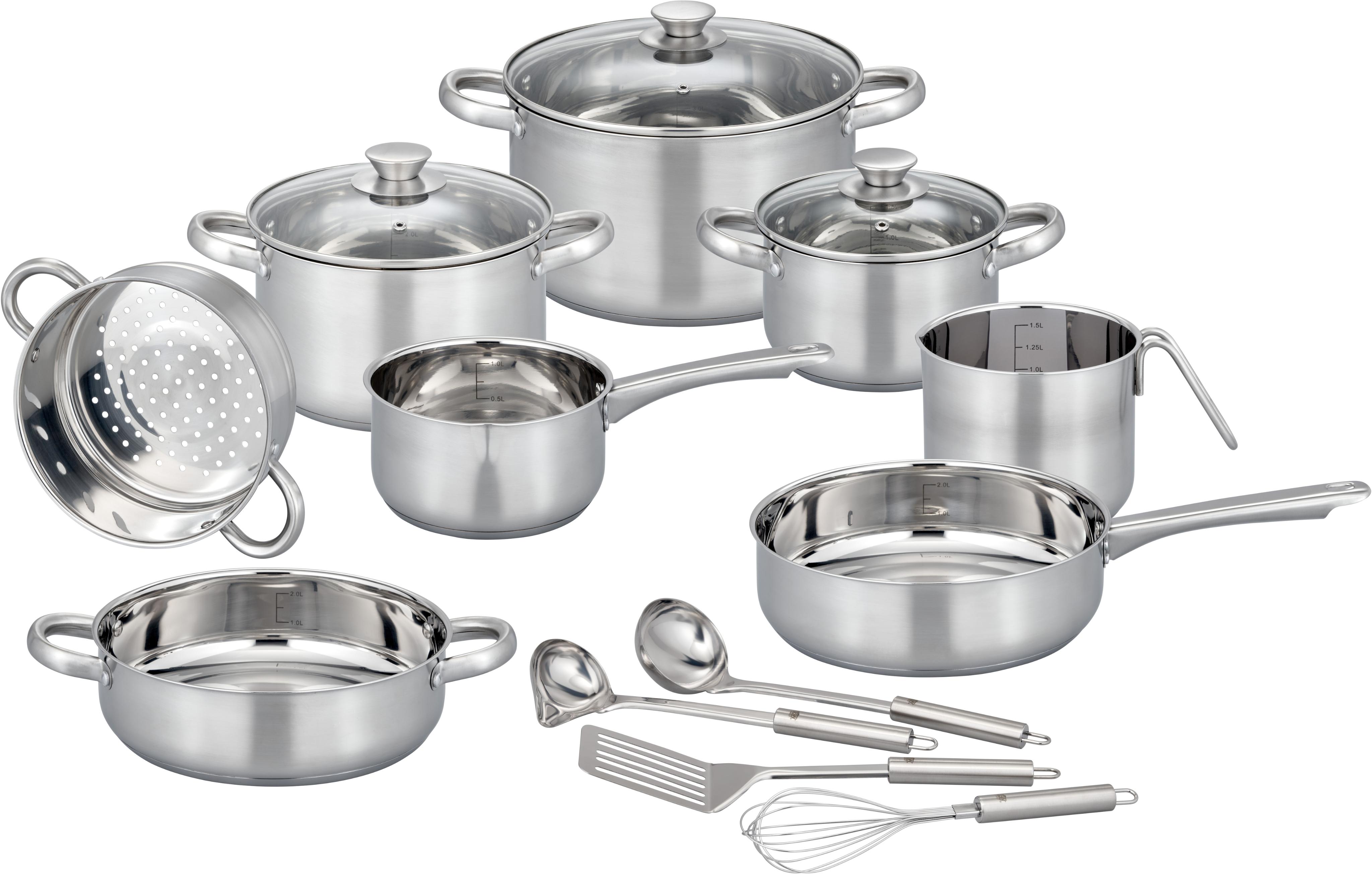 Topf-Set GSW "Toronto", silberfarben, 2,8 l, Töpfe, Topf-Set, mehrteiliges Kochtopf-Set aus Edelstahl inkl. praktischer Küchenhelfer