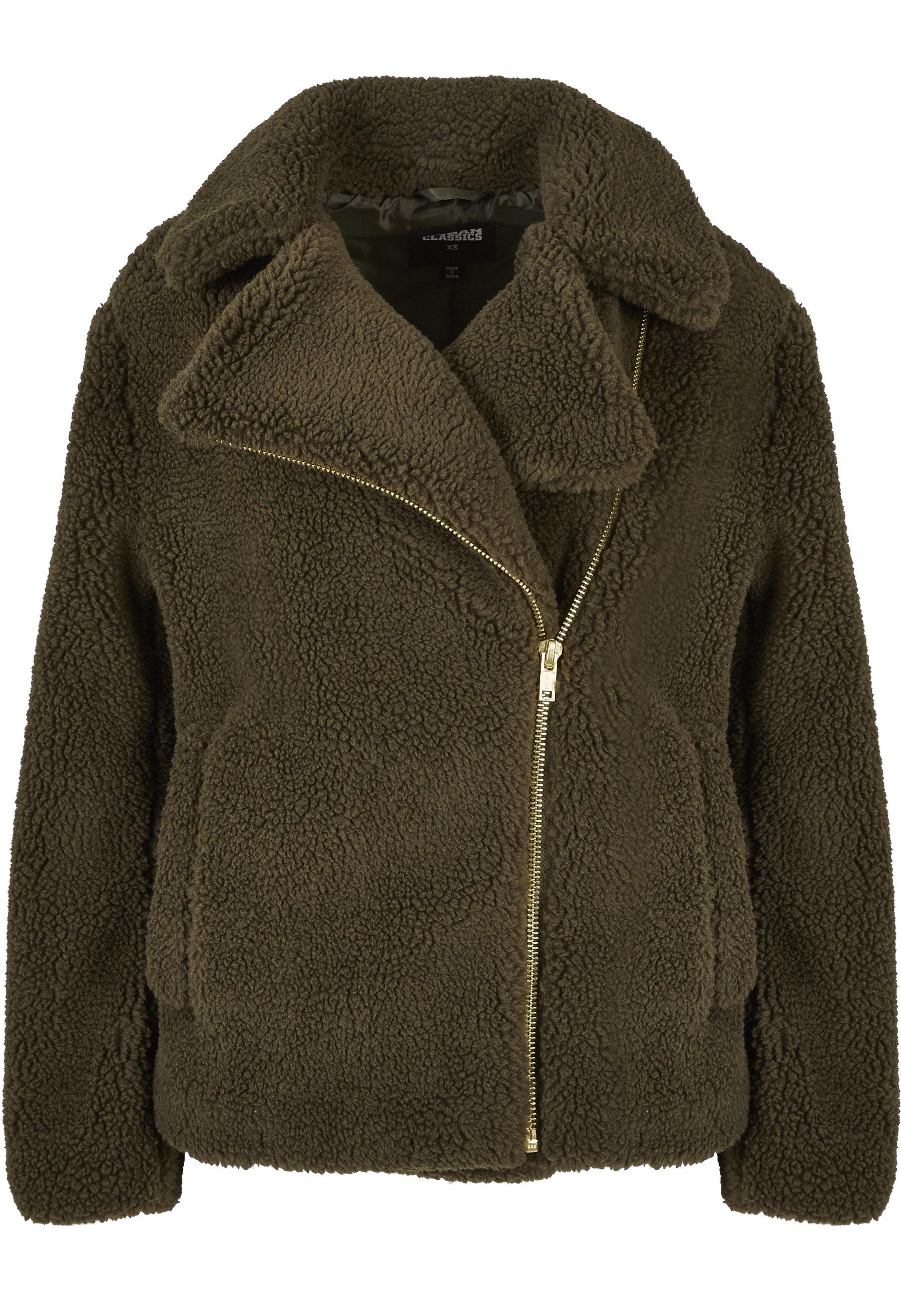 Winterjacke Urban Classics "Urban Classics Damen Ladies Sherpa Biker Jacket", Damen, Gr. M, Olive, 100% Polyester, Unifarben, Oversize, Amerikanischer Ausschnitt, Jacken Winterjacke