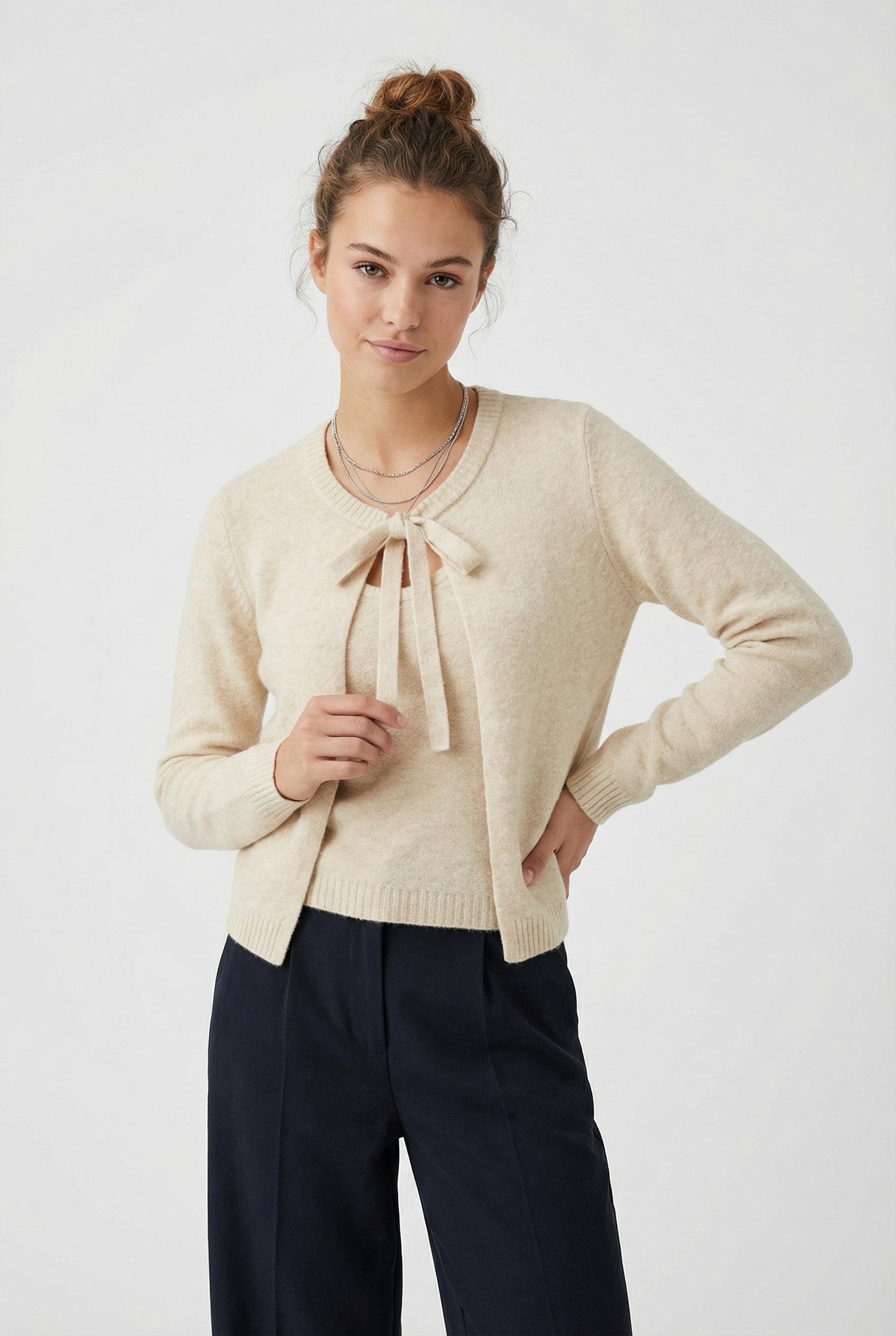 Strickjacke ONLY "ONLJESSIE LS ONE STRING CARDIGA KNT", Damen, Gr. M, pumice stone detail:melange, Strick, Obermaterial: 35% Polyester, 30% Nylon, 25% Polyacryl, 7% Wolle, 3% Elasthan, meliert, normal, Rundhals, Strickjacken Strickjacke