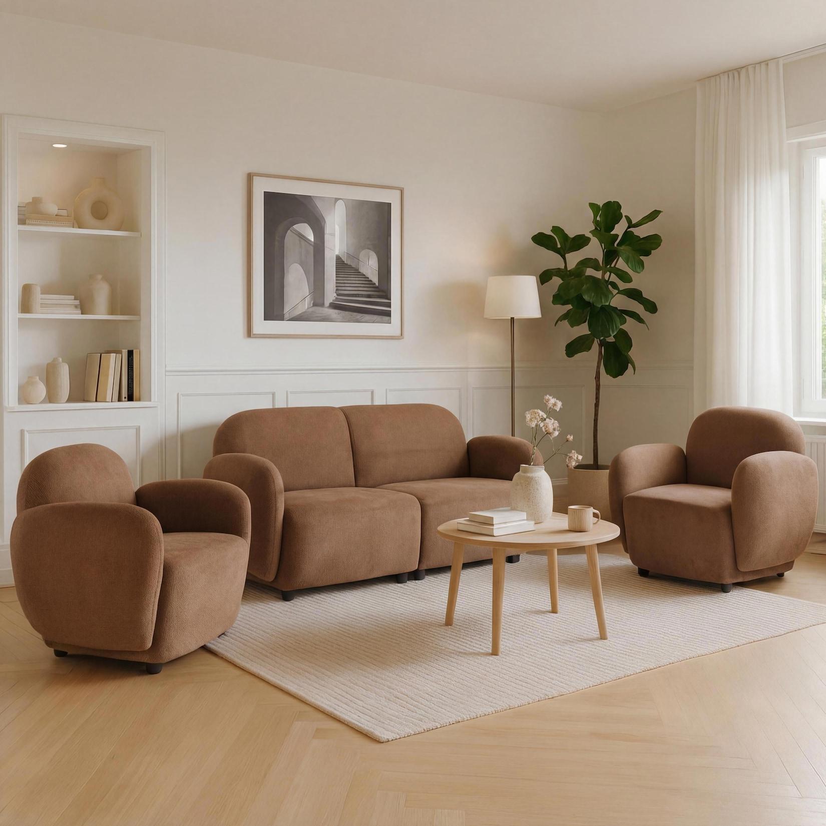 Wohnzimmer-Set MCW-P33, 2er-Sofa 2x Sessel, Stoff/Textil Chenille (330 g/m²) Öko-Tex ~ braun