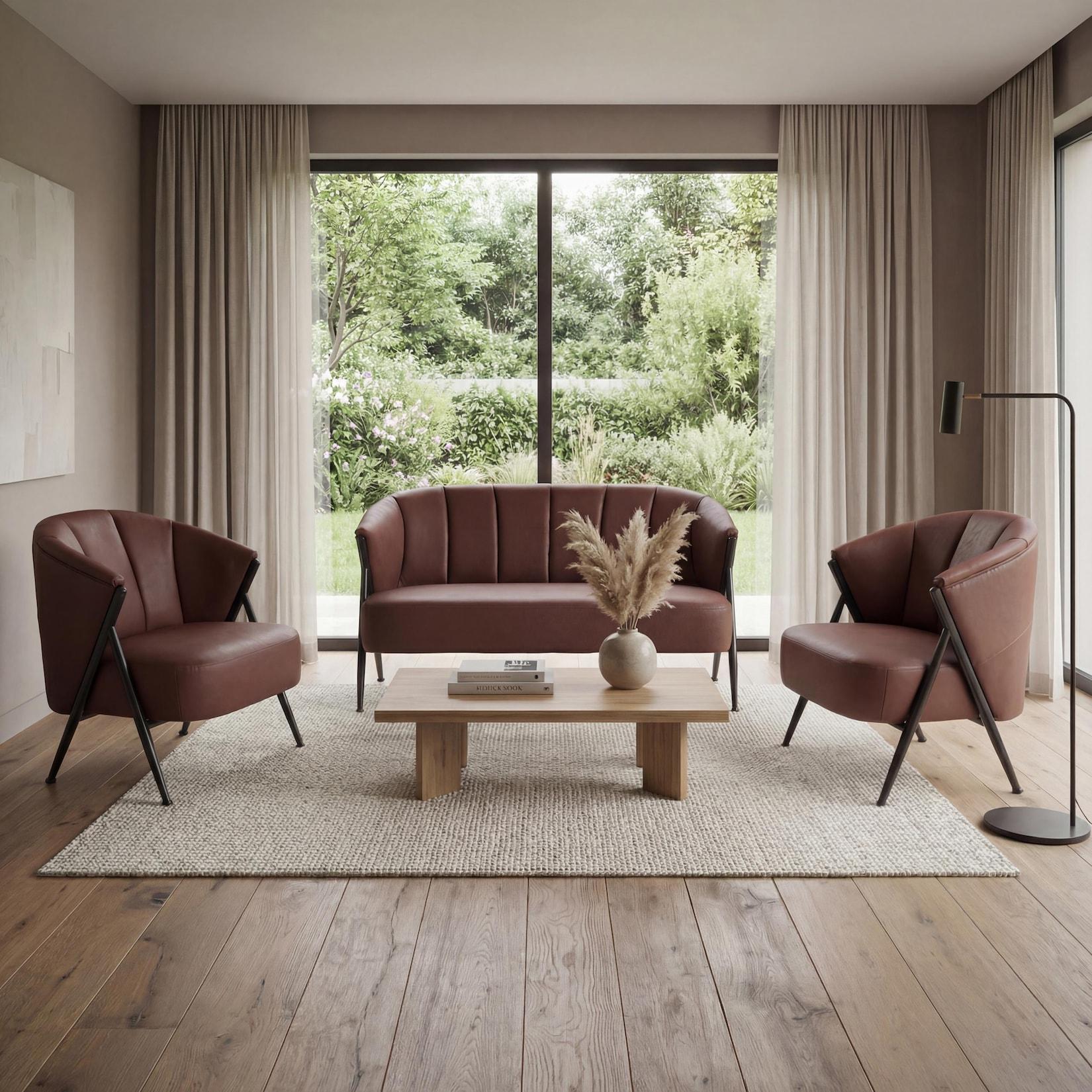 Wohnzimmer-Set MCW-P30, 2er-Sofa 2x Sessel, Vintage Retro Industrial Metall Kunstleder ~ rostrot