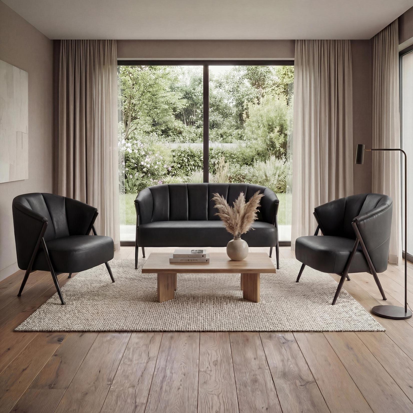 Wohnzimmer-Set MCW-P30, 2er-Sofa 2x Sessel, Vintage Retro Industrial Metall Kunstleder ~ schwarz