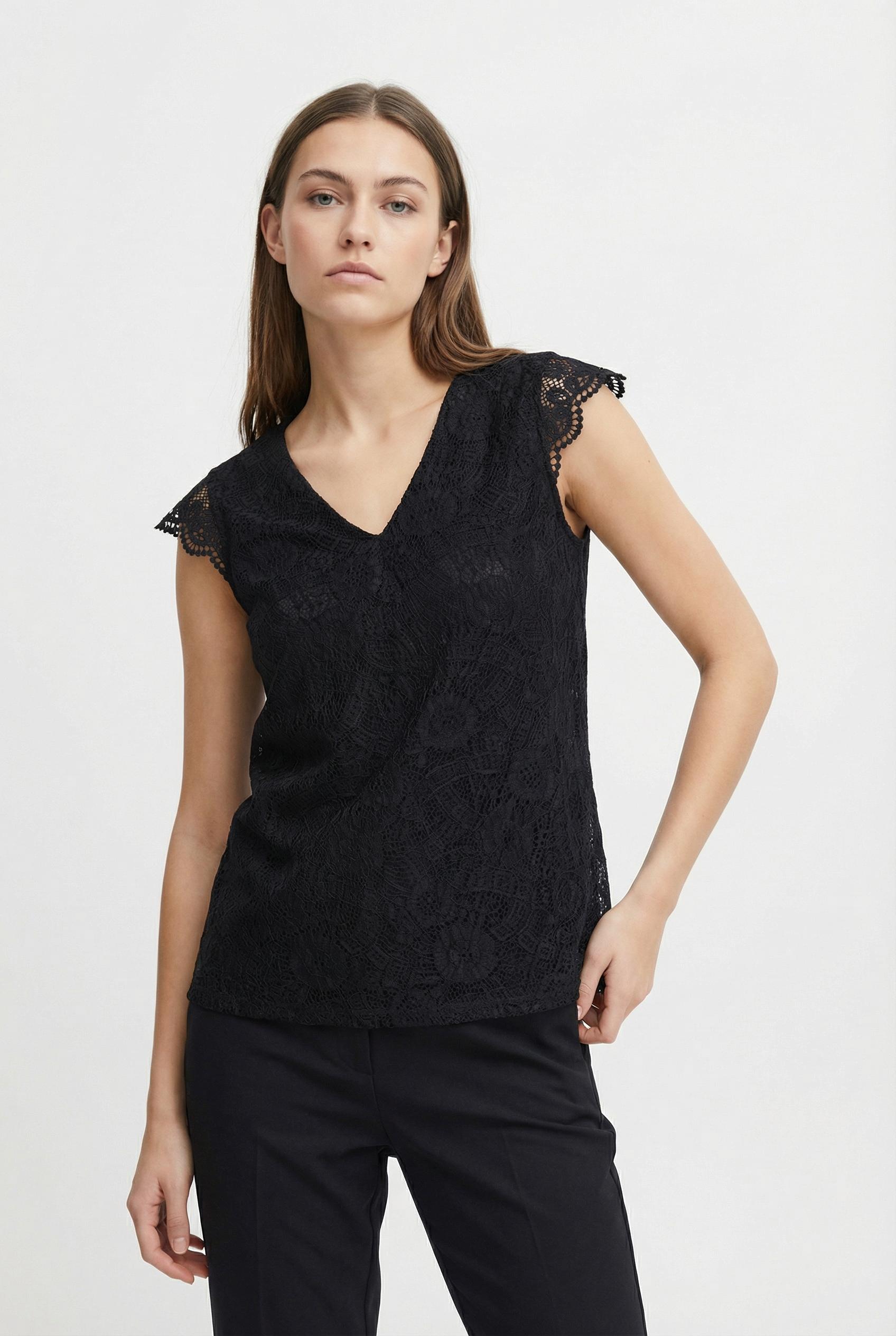 Spitzentop PIECES "PCOLLINE SL LACE V-NECK TOP WVN NOOS", Damen, Gr. L, schwarz, Spitze, Obermaterial: 90% Nylon, 10% Elasthan, unifarben, regular fit normal, V-Ausschnitt, Tops Spitzentop