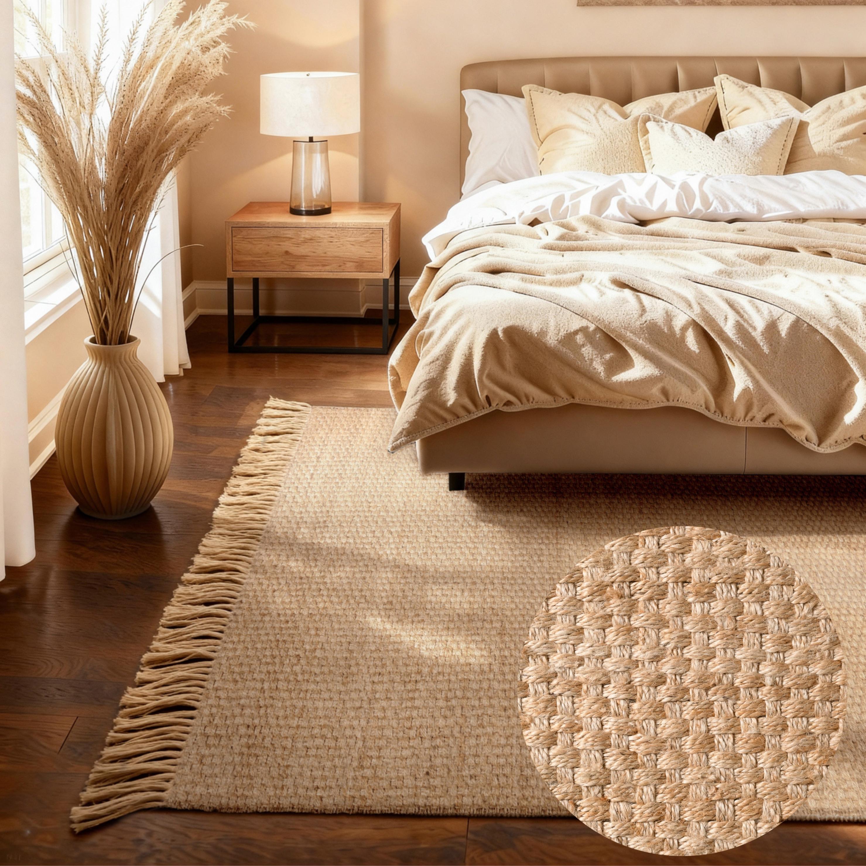 Teppich HANSE HOME "Fjord", natur,gold, B:120cm H:10mm L:170cm, Jute, Teppiche, Teppich, Jute, Handgemacht, Naturteppich, Wohnzimmer, Läufer, Fransen