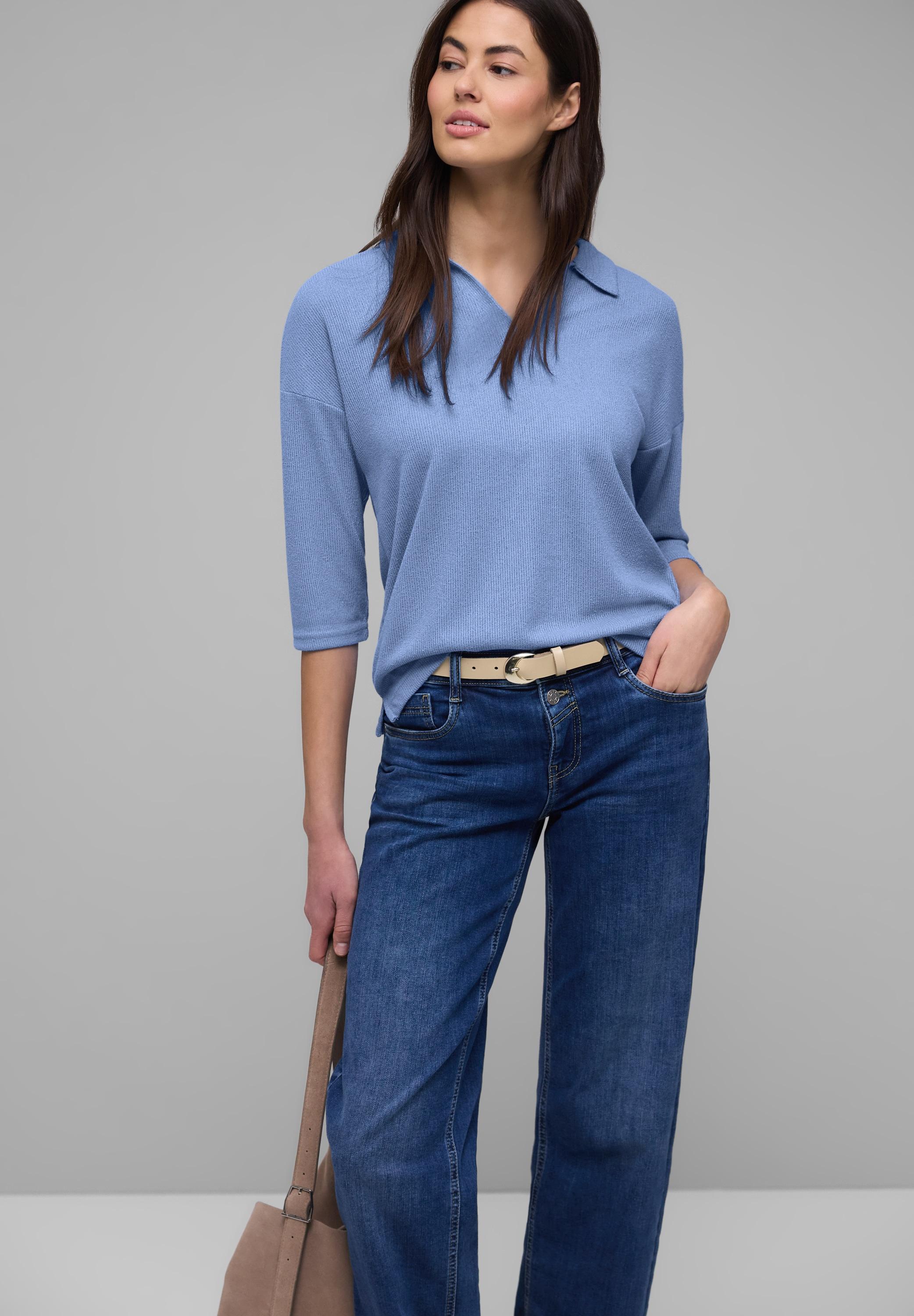 3/4-Arm-Shirt Street One, Damen, Gr. 38, Bonnet Blau, Stoff, 50% Viskose, 47% Polyester, 3% Elasthan, Unifarben, Normal Normal, Hoch Geschlossener Ausschnitt, Abgesteppt, Shirts 3/4-Arm-Shirt, Mit 3/4 ÄRmeln