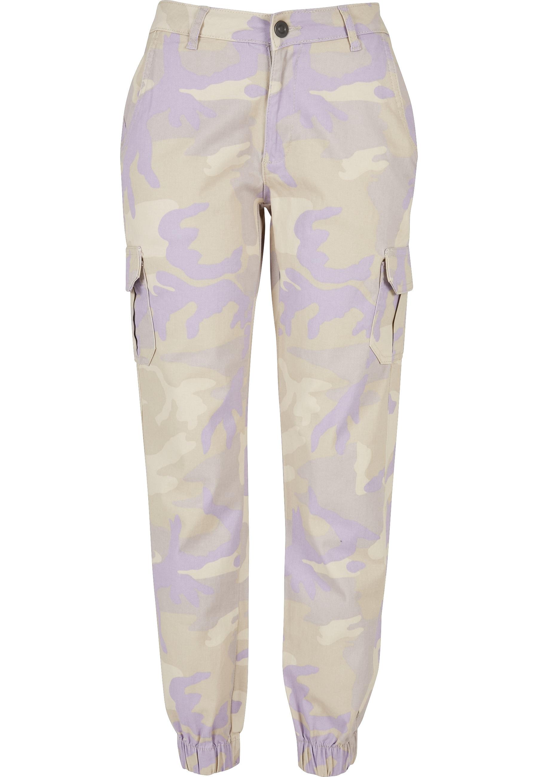 Cargohose Urban Classics "Urban Classics Damen Ladies High Waist Camo Cargo Pants", Damen, Gr. 28, NormalgrößEn, Beige (Lilacamo), 98% Baumwolle, 2% Elasthan, Normal, Hosen Cargohose