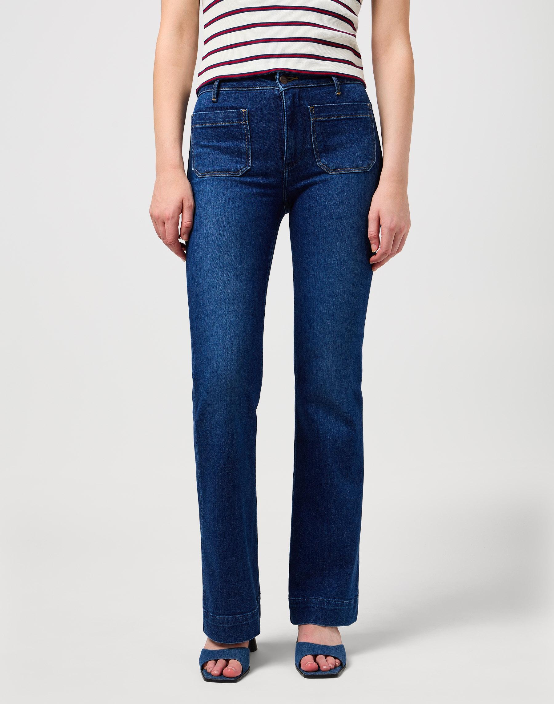 Bootcut-Jeans Wrangler "Flare", Damen, Gr. 27, LäNge 30, Blau (Schwarz Wash), Denim/Jeans, Obermaterial: 91% Baumwolle, 5% Polyester, 4% Elasthan, Unifarben, Ausgestellt Lang, Jeans, Im Retro-Design Mit Ausgestelltem Bein