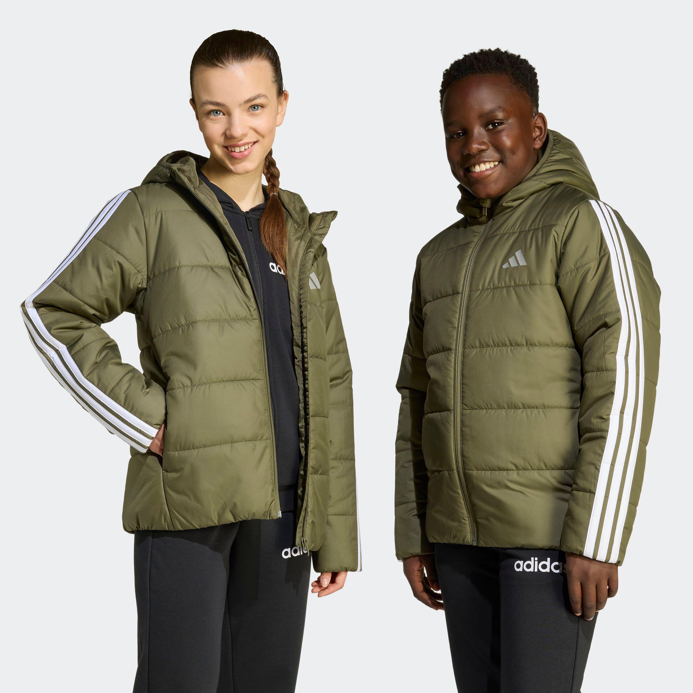 Winterjacke ADIDAS SPORTSWEAR "ESSENTIALS 3-STREIFEN GEFÜTTERTE", Mädchen, Gr. 164, weiß (olive strata, weiß), Obermaterial: 100% Polyester, normal, Jacken Winterjacke