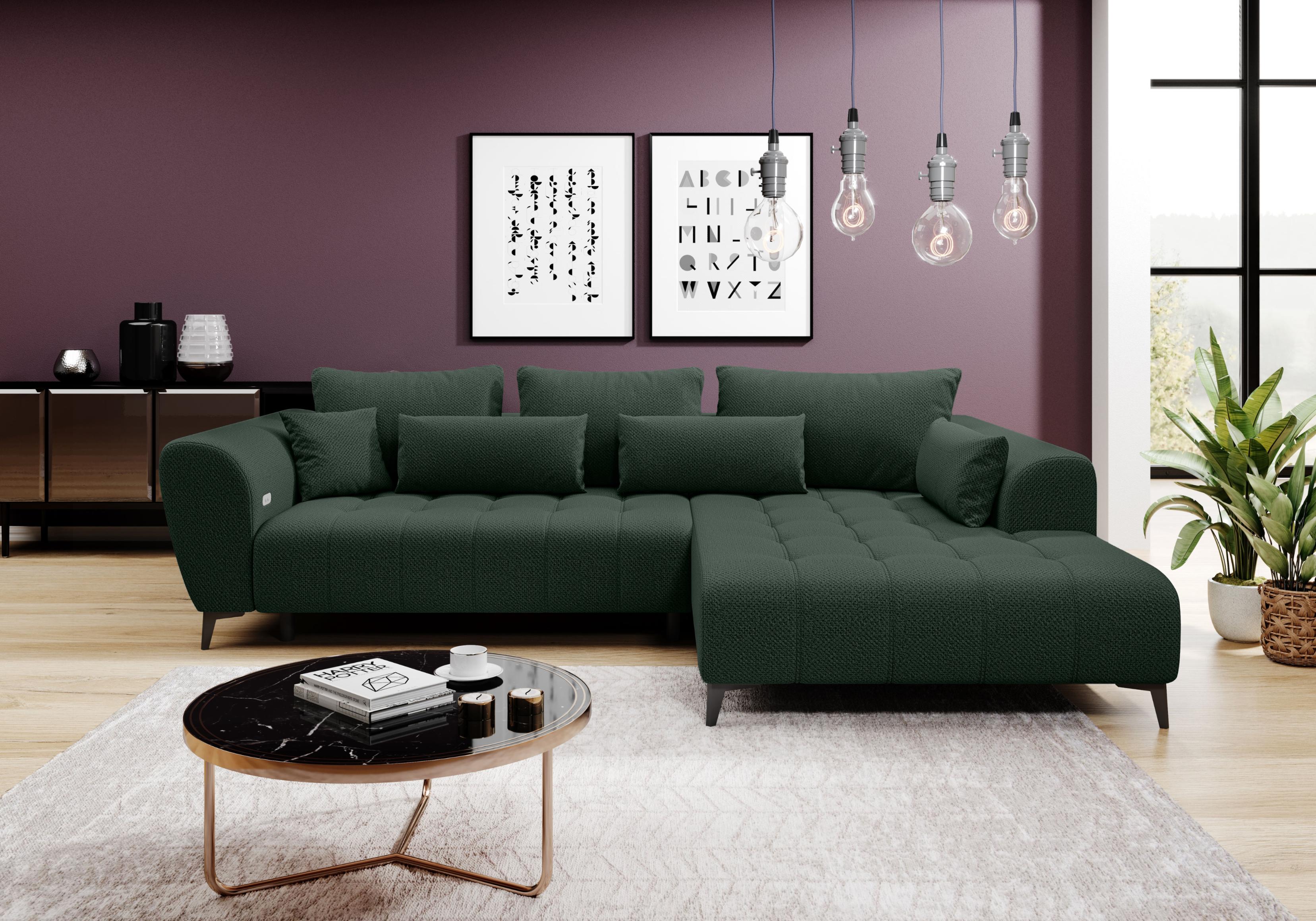Ecksofa WERK2 "Garay, XXL-Liegefläche: elektrisch ausziehbar auf ca. 228×126 cm", grün, B:287cm H:64cm T:220cm, 100% Polyester, Sofas, Ecksofa, Luxus in Übergröße: XXL-Liegefläche, Komfort-Ottomane & stilvolle Füße