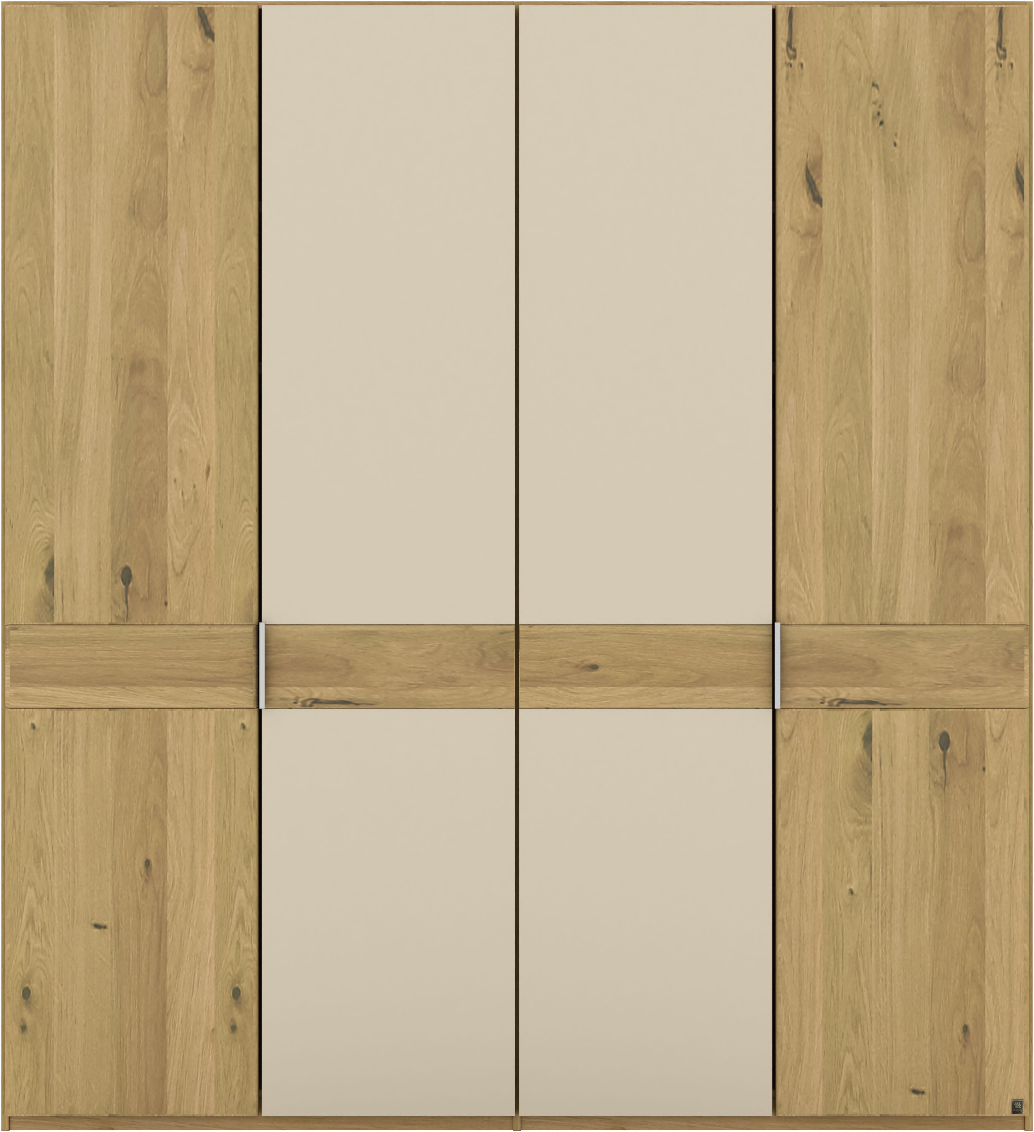 Kleiderschrank MUSTERRING "Savona, Kleiderschrank, Schrank, Garderobe, teilmassiv Eiche", beige (braun), B:200cm H:216cm, Schränke, Kleiderschrank, Türen in Bianco-Eiche massiv, Spiegel-/Glastüren, verschiedene Größen