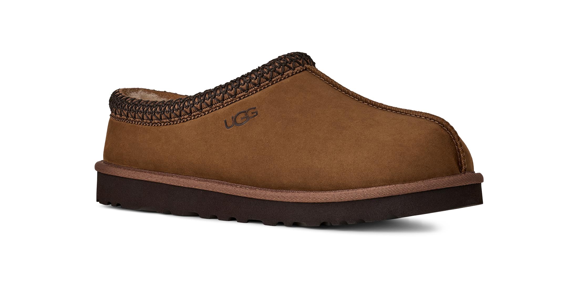 Hausschuh UGG "Unisex TASMAN II", Herren, Gr. 9 (42), chestnut, Nubukleder, Textil, ethno, Basic, Schuhe Hausschuh, Mule, Sabot, Schlupfschuh mit Textil-Einfass