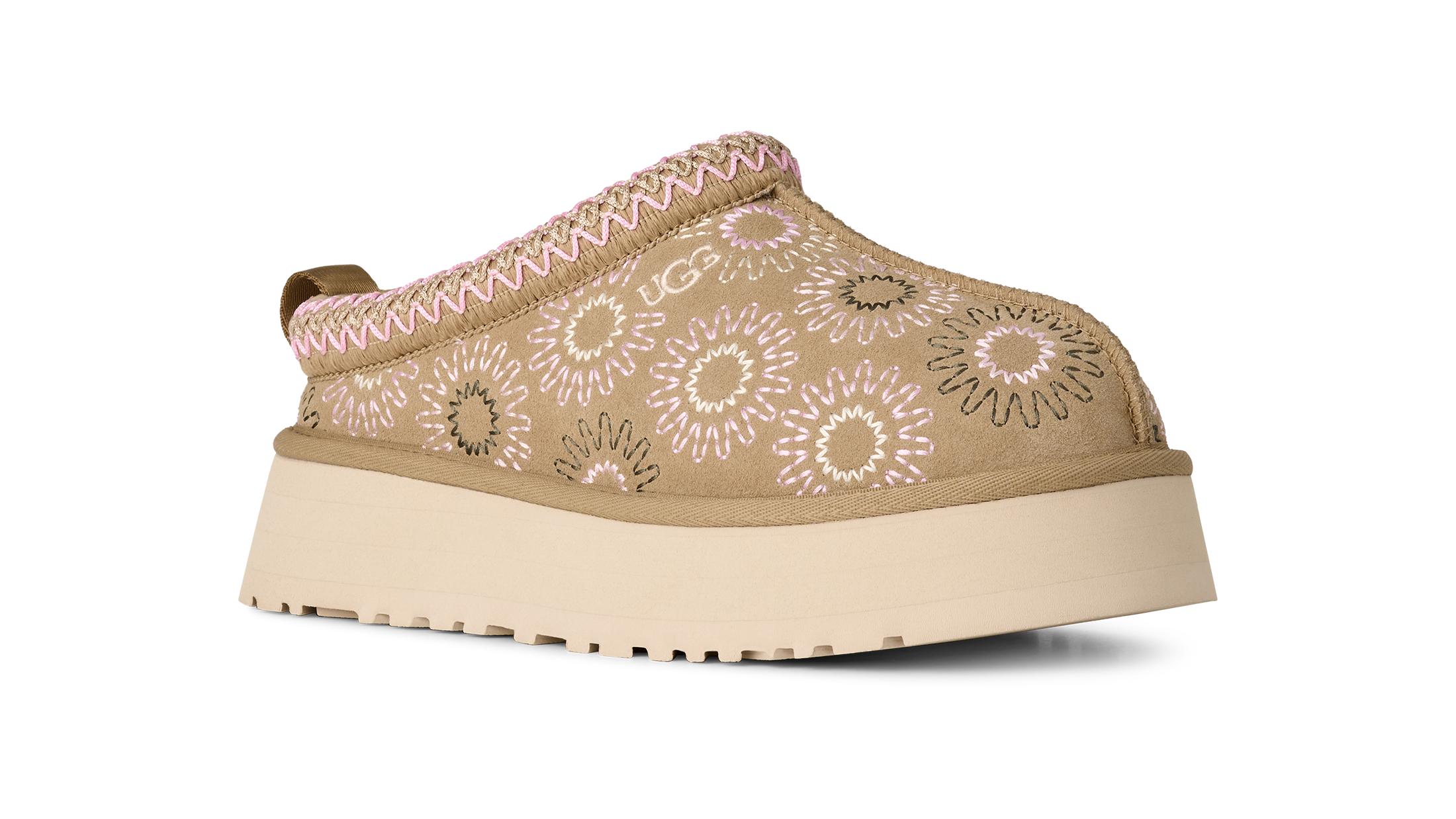 Clog UGG "TAZZ SUN STITCH", Damen, Gr. 8 (39), taupe, Textil, Veloursleder, Schuhe Clog, Schlupfschuh, Mule mit Anziehlasche