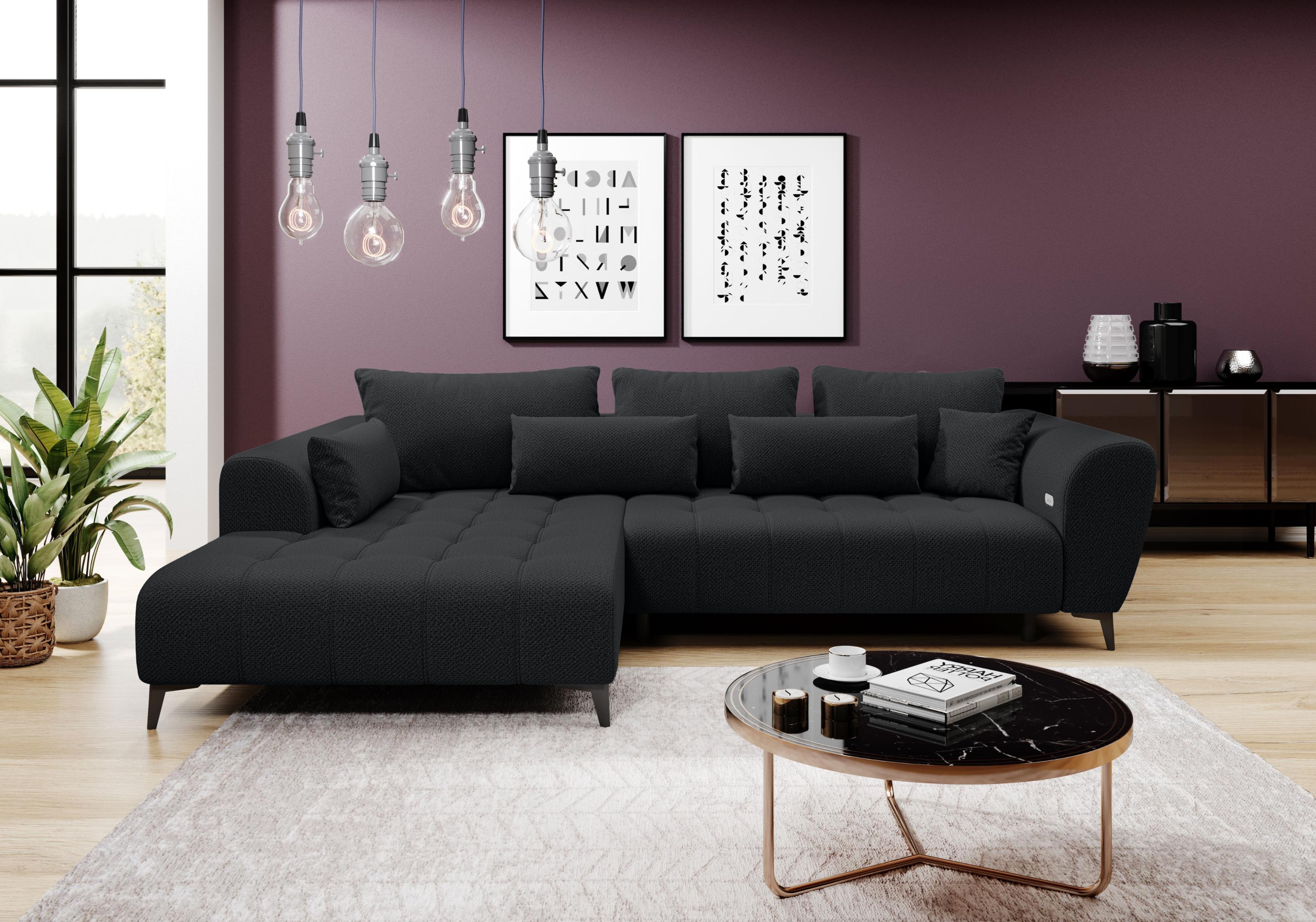 Ecksofa WERK2 "Garay, XXL-Liegefläche: elektrisch ausziehbar auf ca. 228×126 cm", schwarz, B:287cm H:64cm T:220cm, 100% Polyester, Sofas, Ecksofa, Luxus in Übergröße: XXL-Liegefläche, Komfort-Ottomane & stilvolle Füße