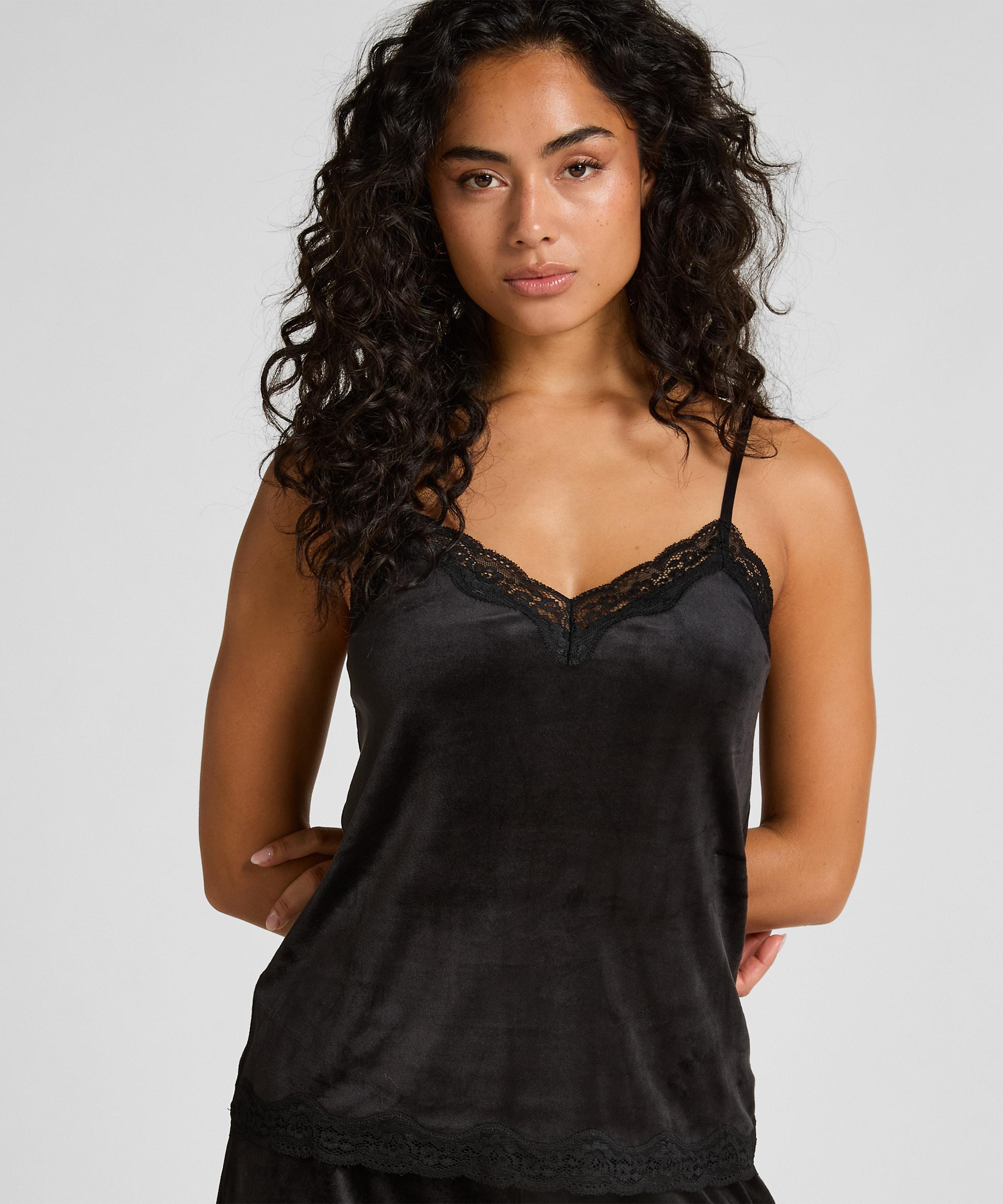Pyjama HunkemÖLler "Velvet Lace Cami", Damen, Gr. L, Schwarz, 95% Polyester, 5% Elasthan, Homewear-Sets Pyjama