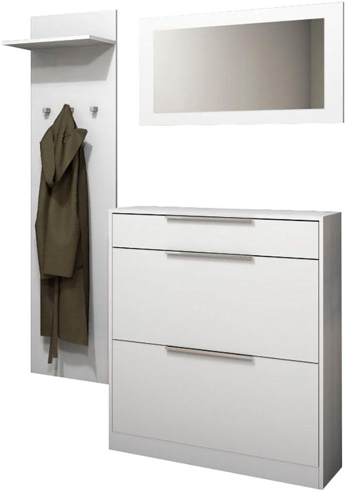 Garderoben-Set BORCHARDT MÖBEL "Oliva, Schuhschrank, Spiegel, Garderobenpaneel", weiß, Holzwerkstoff, Kastenmöbel-Sets, Garderoben-Set, 3-teilig, Schuhkipper mit Doppelschuhtrommeln und Metallgriffen