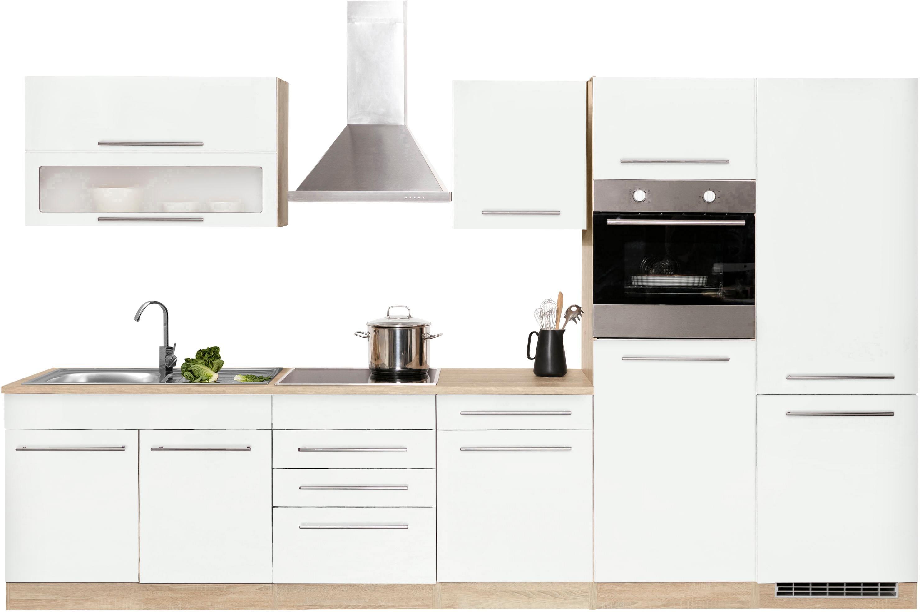 Küchenzeile KOCHSTATION "KS-Eton", weiß (küche: weiß, korpus: eichefarben, arbeitsplatte: eichefarben), B:330cm T:60cm, Komplettküchen-Sets, Küchenzeile, mit E-Geräten, Breite 330 cm