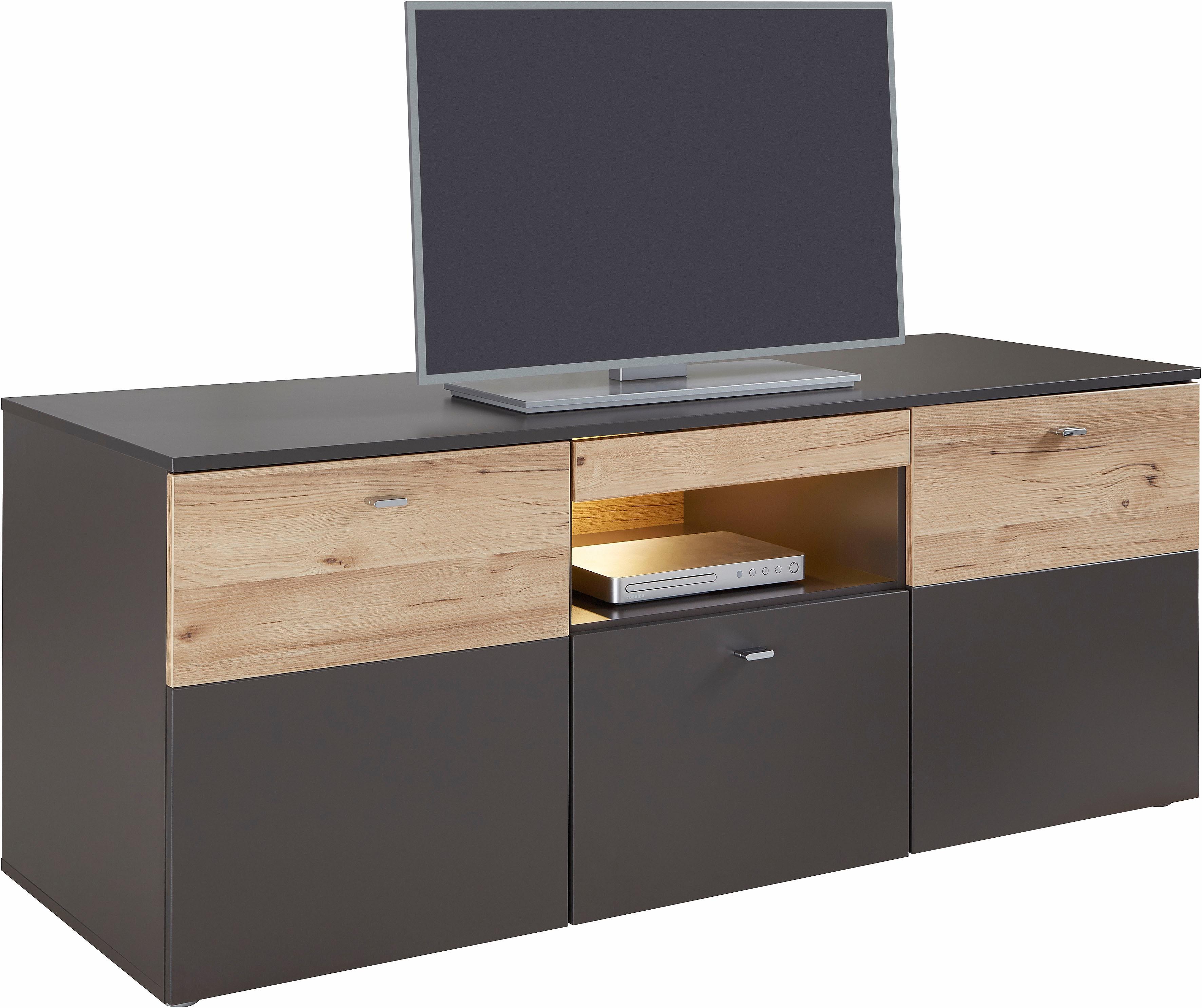 Lowboard FORTE "Como", grau (grau, eichefarben), B:149,8cm H:59,3cm T:52cm, Sideboards, Lowboard, TV-Board, LED Beleuchtung, Soft Close, Stauraum, 149,8/59,3/52 cm