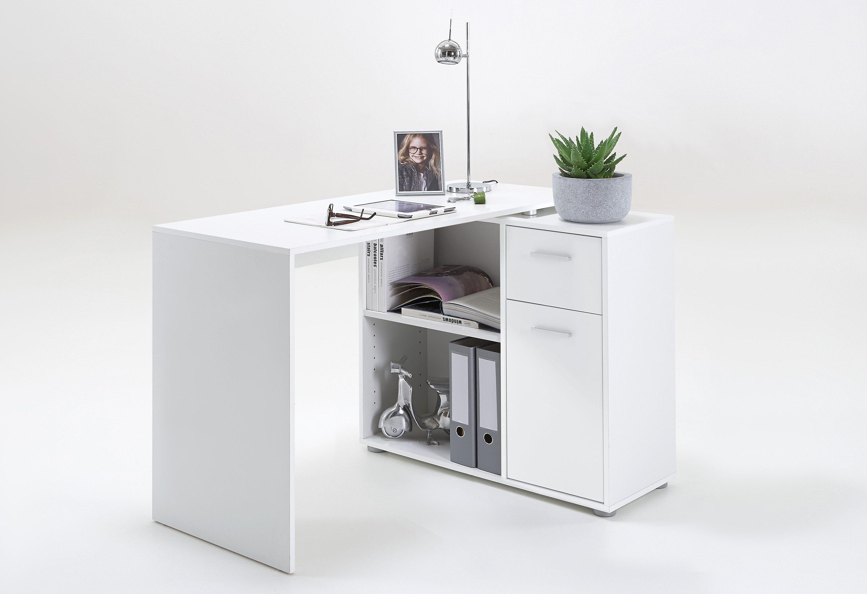 Eckschreibtisch FMD "AUGSBURG", weiß, B:117cm H:73,5cm T:50cm, Tische, Eckschreibtisch, Schreibtisch/ Sideboard m. Stauraum, beids. montierb., 117 oder 148 cm