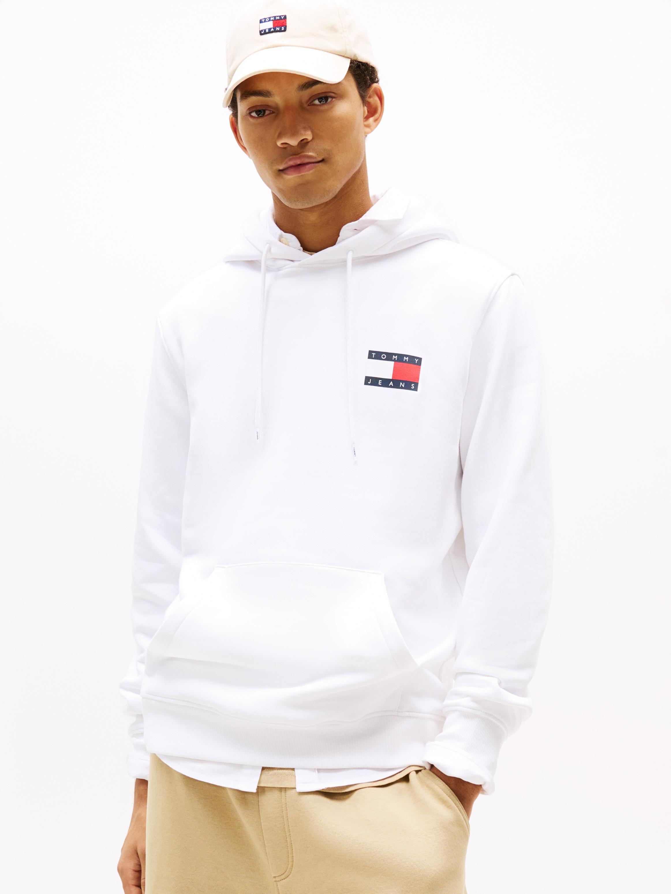 Sweatshirt Tommy Jeans "Tjm Reg Essential Flag Hood Ext", Herren, Gr. S, Weiß, Sweatware, Obermaterial: 100% Baumwolle, Unifarben, Regular Fit, Breiter Bund, Sweatshirts Sweatshirt, Mit Bedruckten Markenlogo Auf BrusthöHe