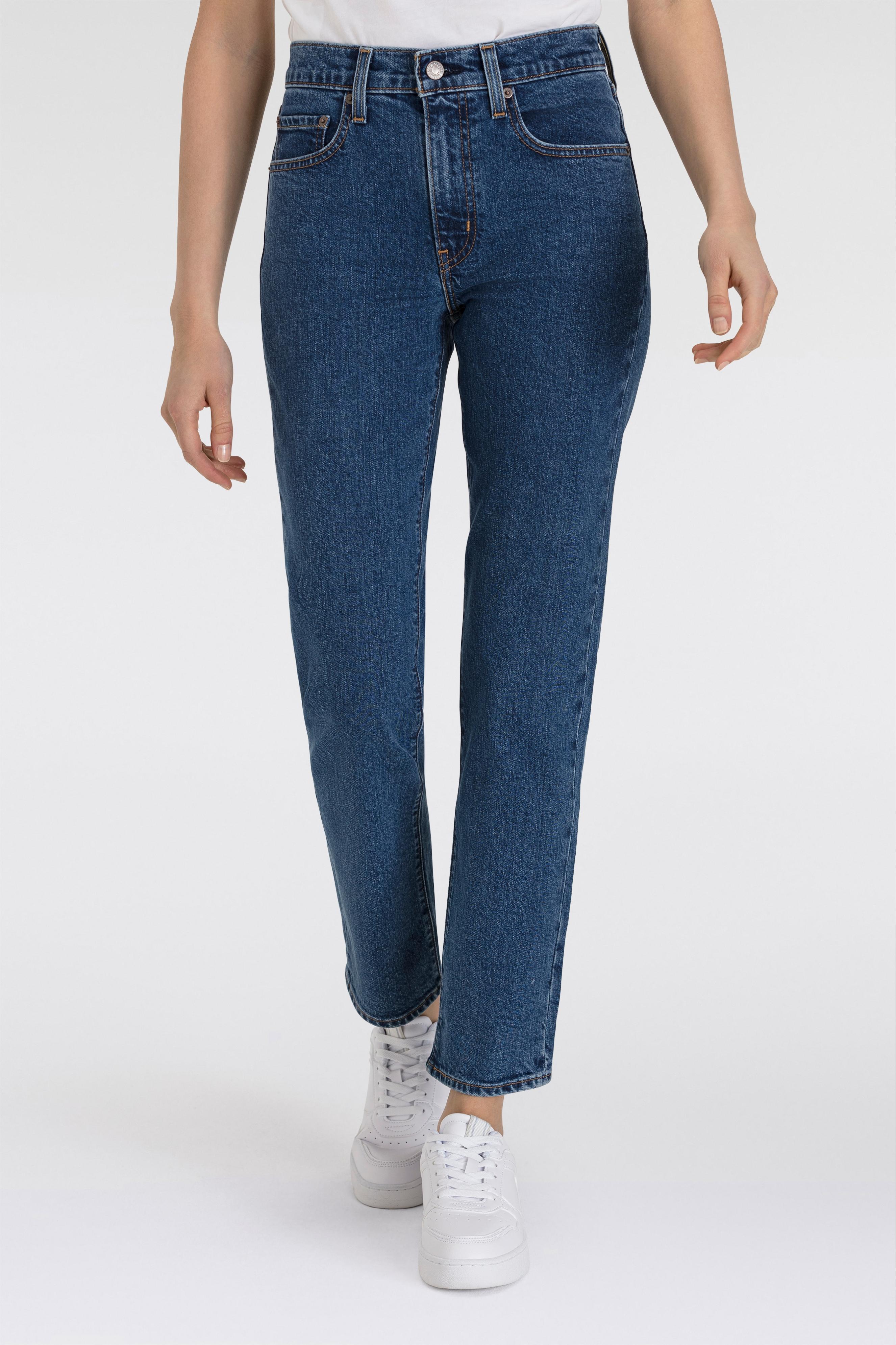 Straight-Jeans Levi's "724 High Rise Straight", Damen, Gr. 27, LäNge 28, Blau (Mosey Mid Stone), Denim/Jeans, Obermaterial: 98% Baumwolle, 2% Elasthan, Straight Fit Lang, Jeans Straight-Jeans