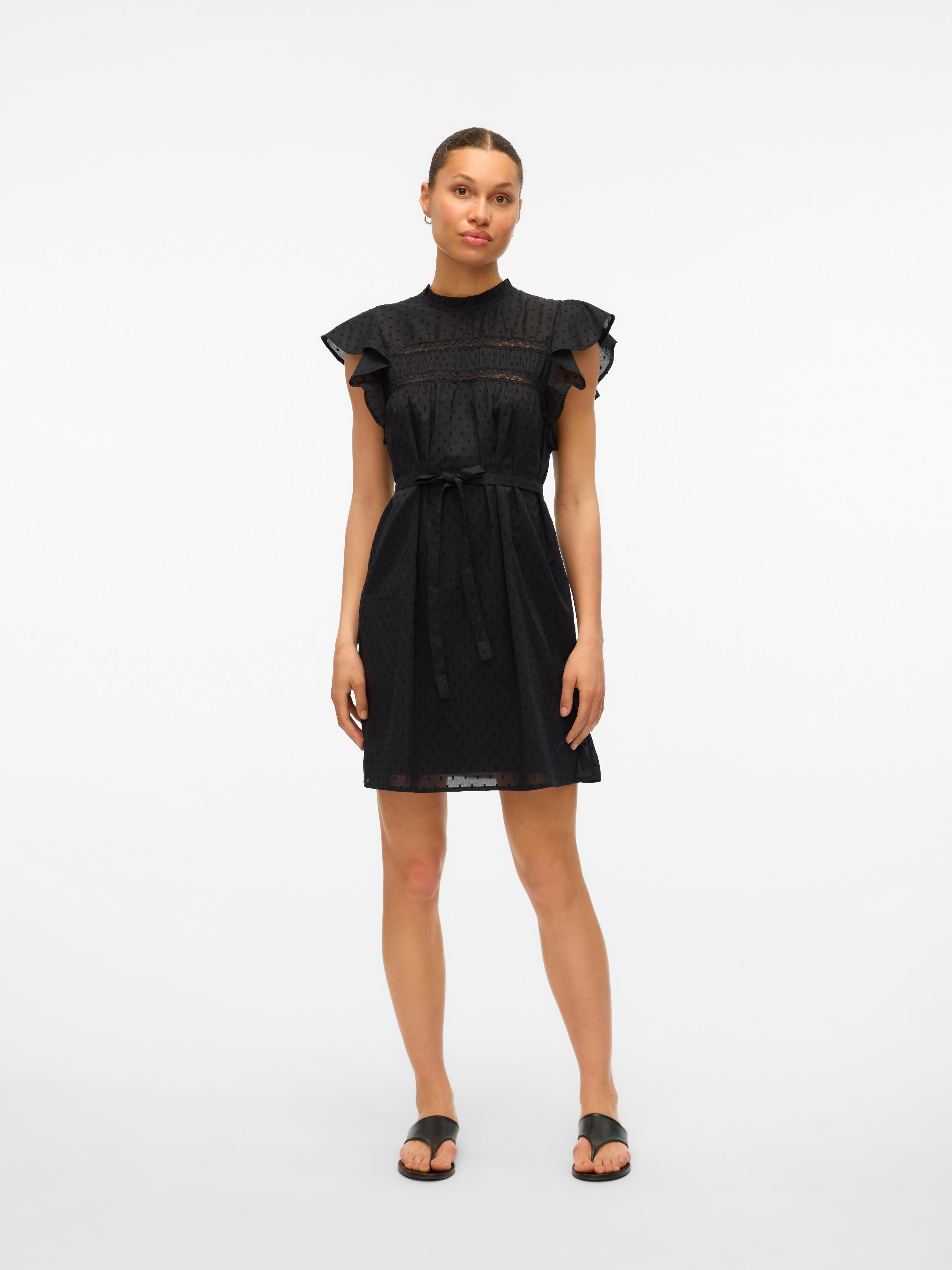 Minikleid Vero Moda "Vmtrine SL Short Lace Dress WVN GA Noos", Damen, Gr. S, N-Gr, Schwarz, Web, Obermaterial: 100% Baumwolle, Unifarben, Regular Fit Knielang, Rundhals, Kleider Minikleid, Sommerkleid