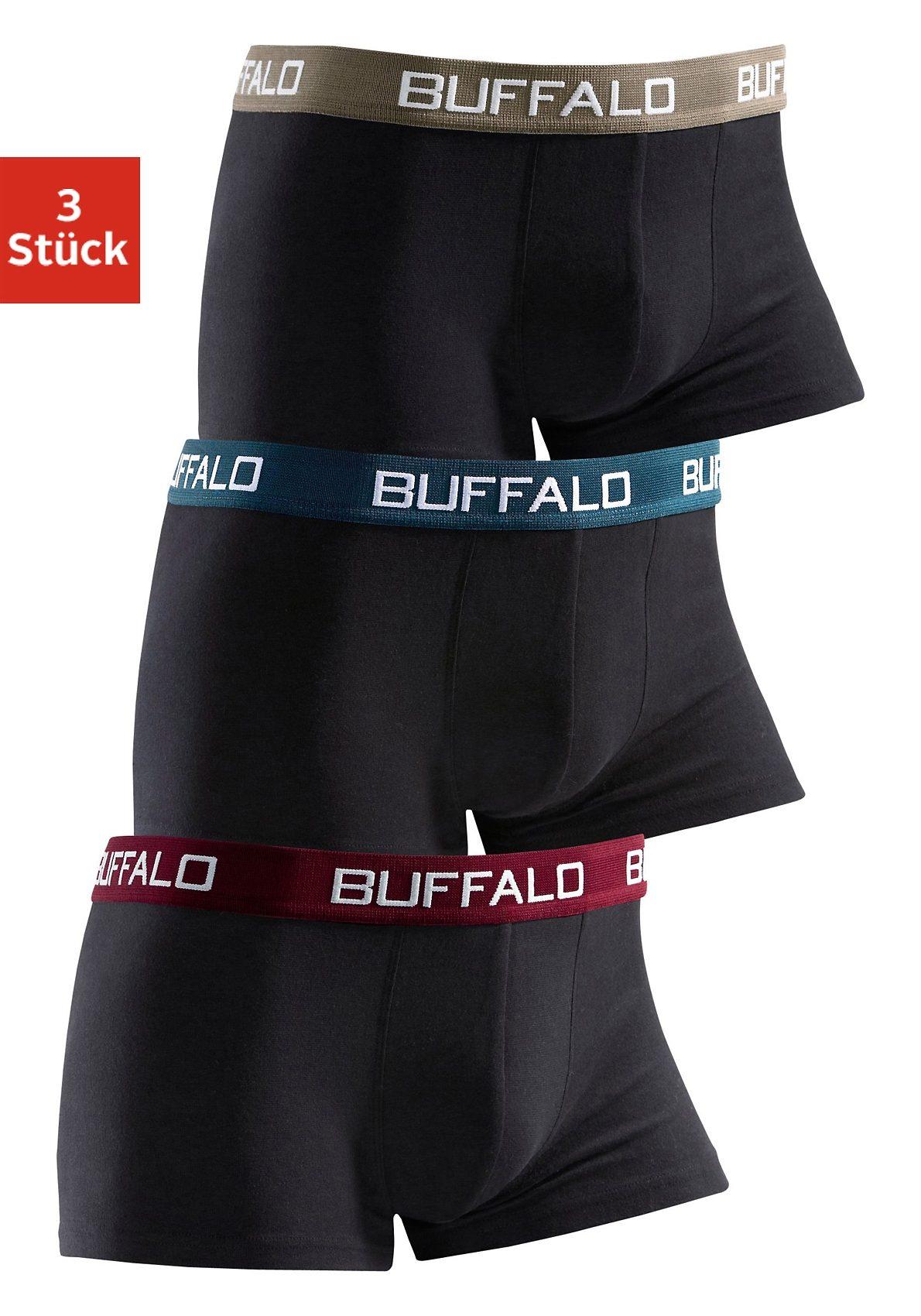 Boxer Buffalo "Boxershorts FüR Jungen", Jungen, Gr. 182, 3 Stk., Bunt (Schwarz, Bordeaux, Schwarz, GrüN, Schwarz, Grau), Jersey, Obermaterial: 95% Baumwolle, 5% Elasthan, Unifarben, KöRpernah, Unterhosen, Mit Kontrastfarbenem BüNdchen